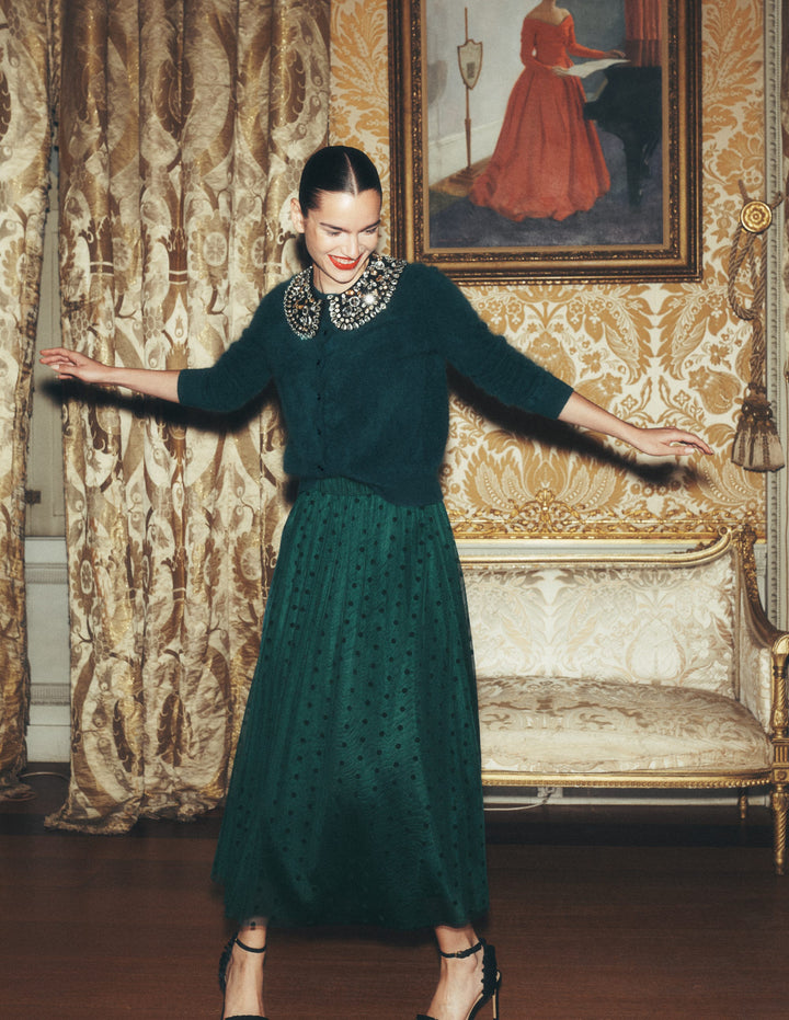 Full Tulle Party Skirt-Midnight Teal Flocked Spot
