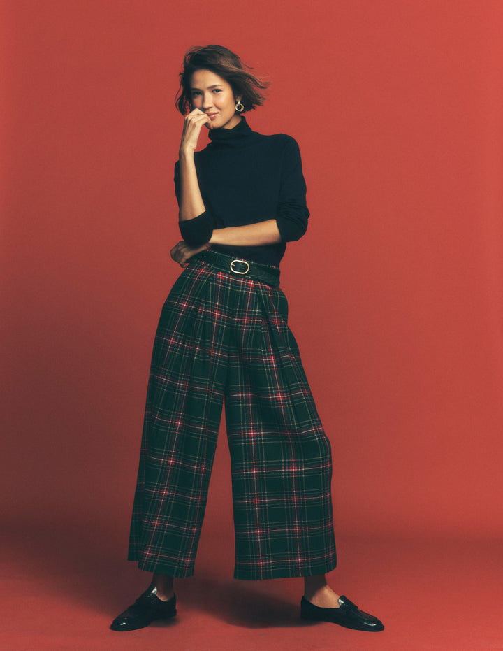 Wool Blend Pleated Trousers-Green, Navy and Red Check