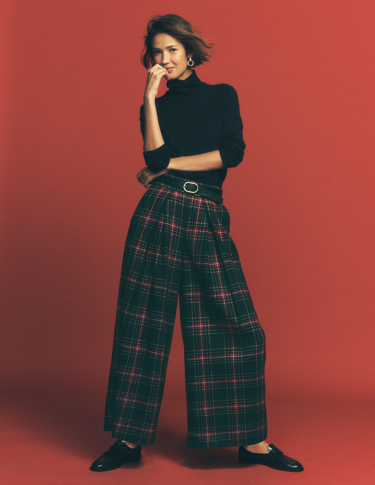 Wool Blend Pleated Trousers-Green, Navy and Red Check - Image 1