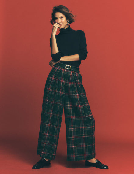 Wool Blend Pleated Trousers-Green, Navy and Red Check