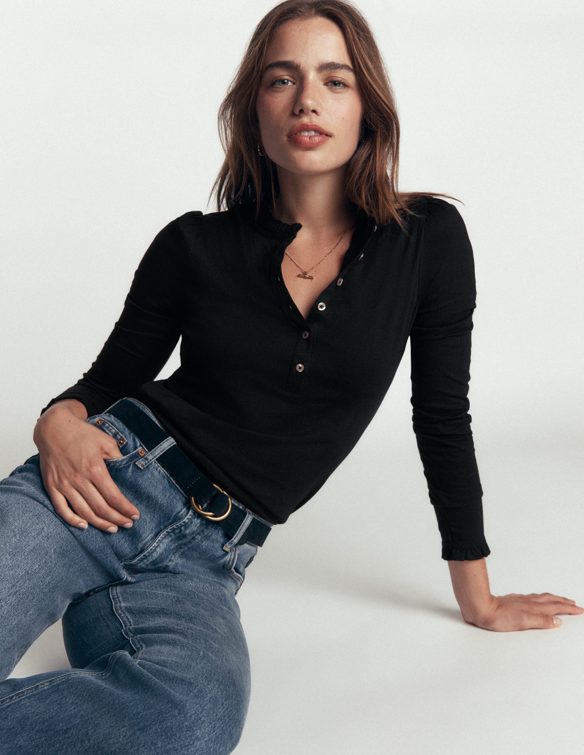 Supersoft Frill Henley Top-Black - Image 1
