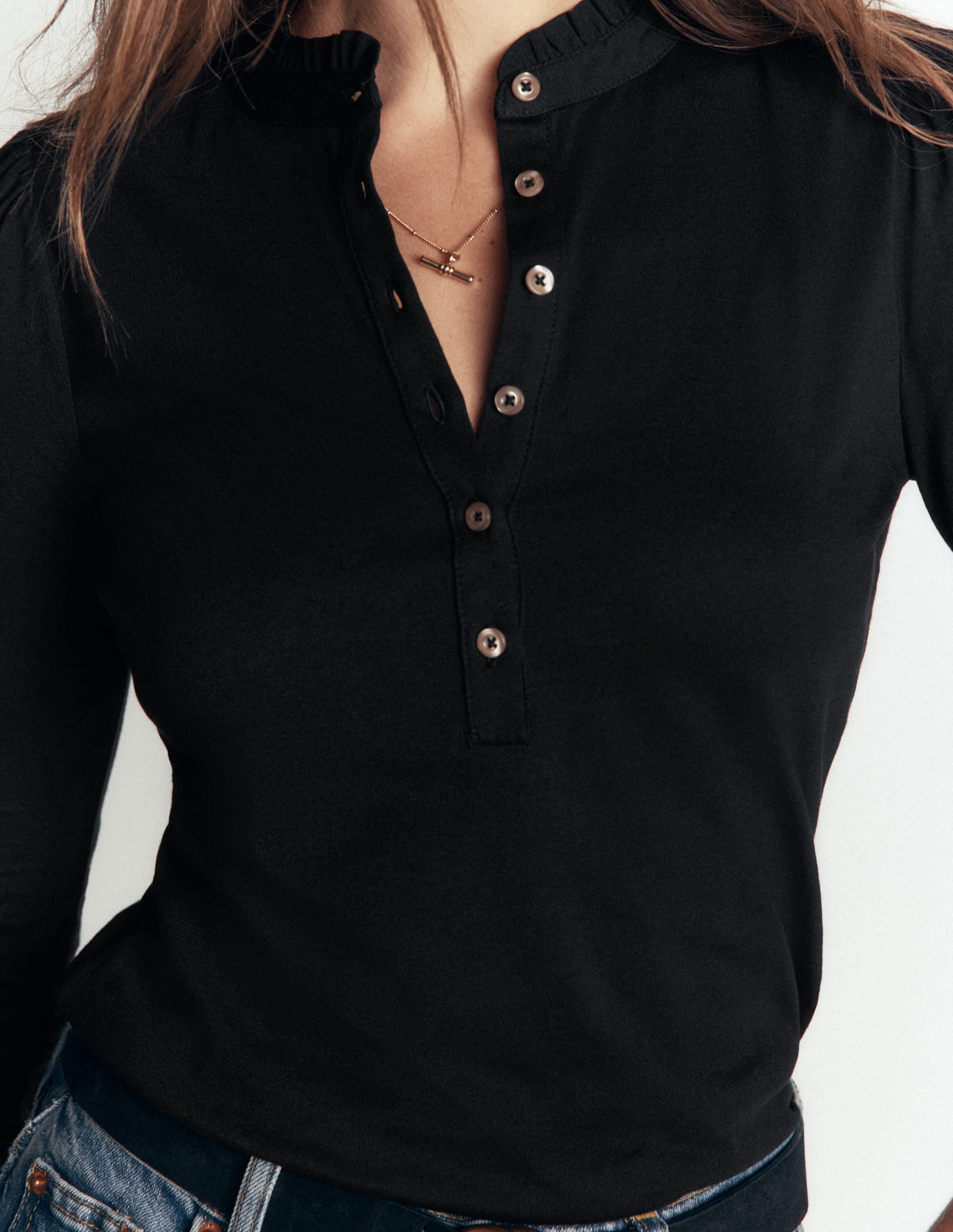 Supersoft Frill Henley Top-Black - Image 2
