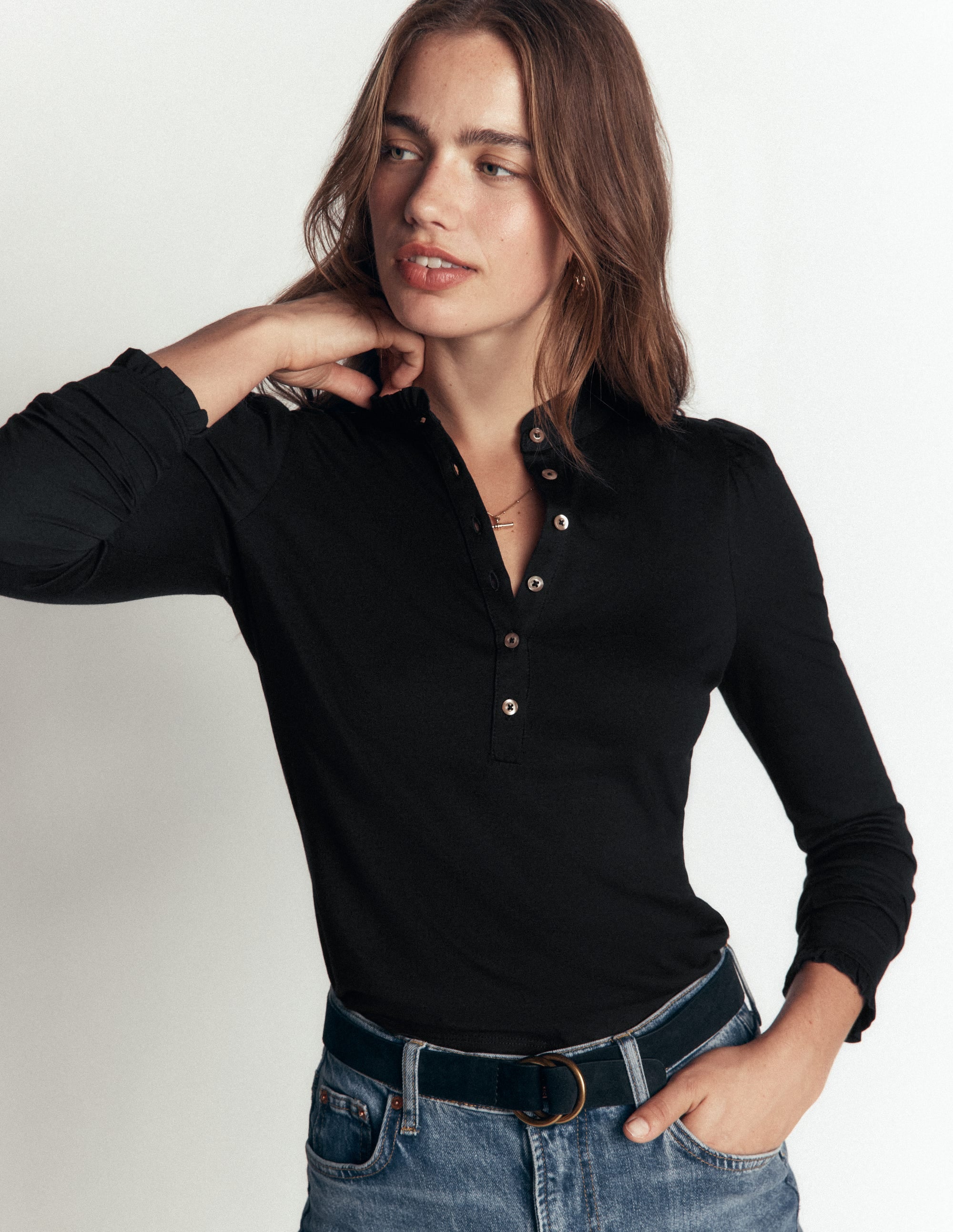 Supersoft Frill Henley Top-Black - Image 4