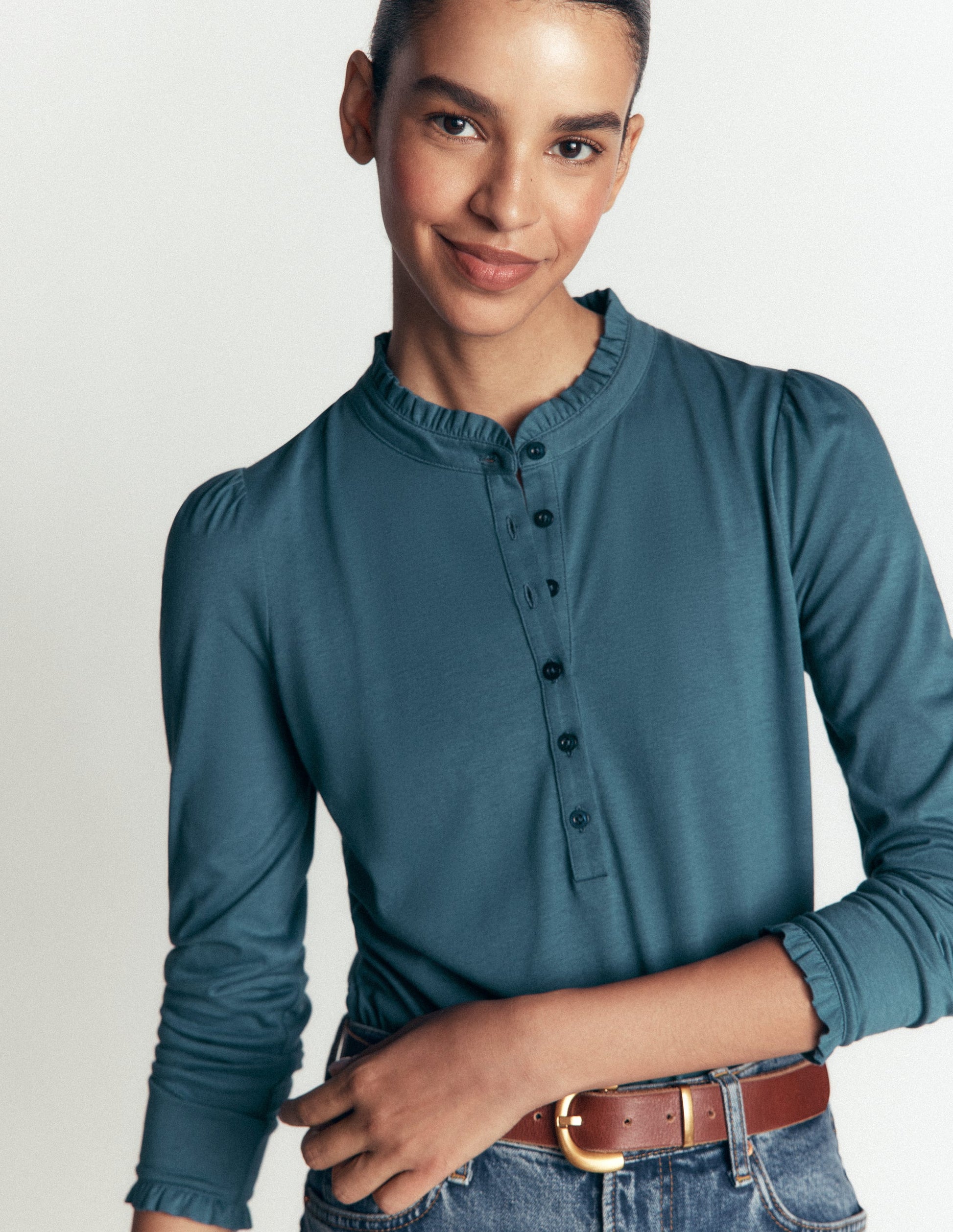 Supersoft Frill Henley Top-Storm Blue-1