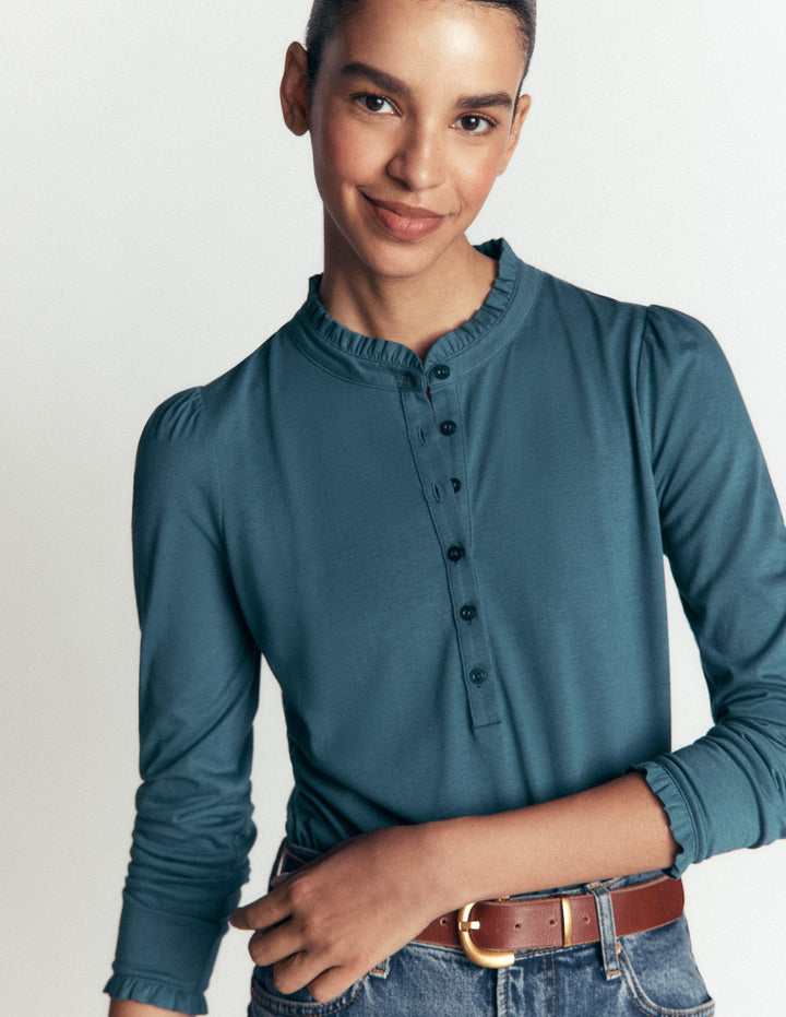 Supersoft Frill Henley Top-Storm Blue