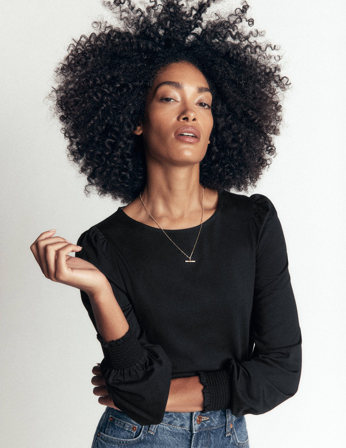 Smocked Cuff Supersoft Top-Black-2