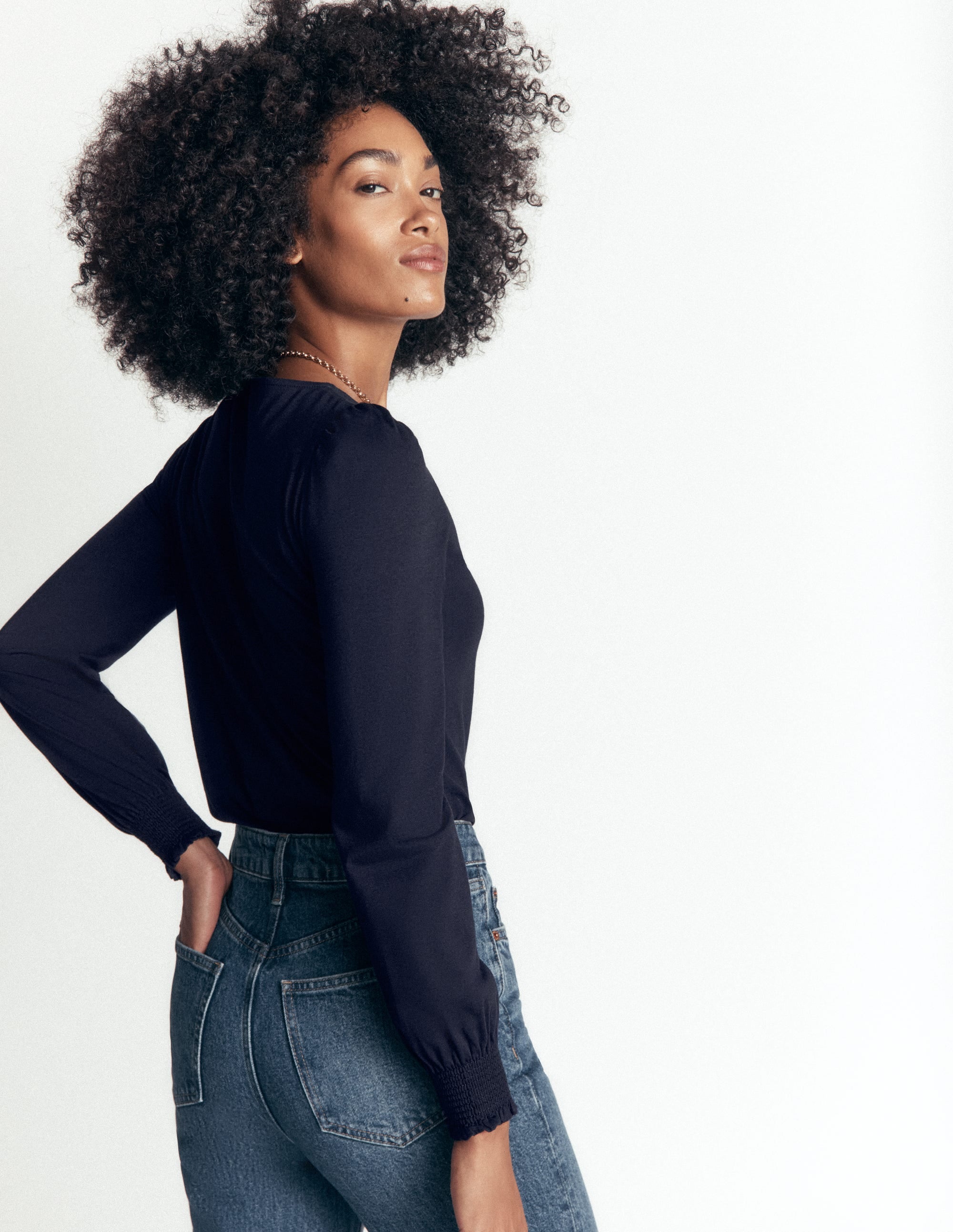 Smocked Cuff Supersoft Top-Navy - Image 3