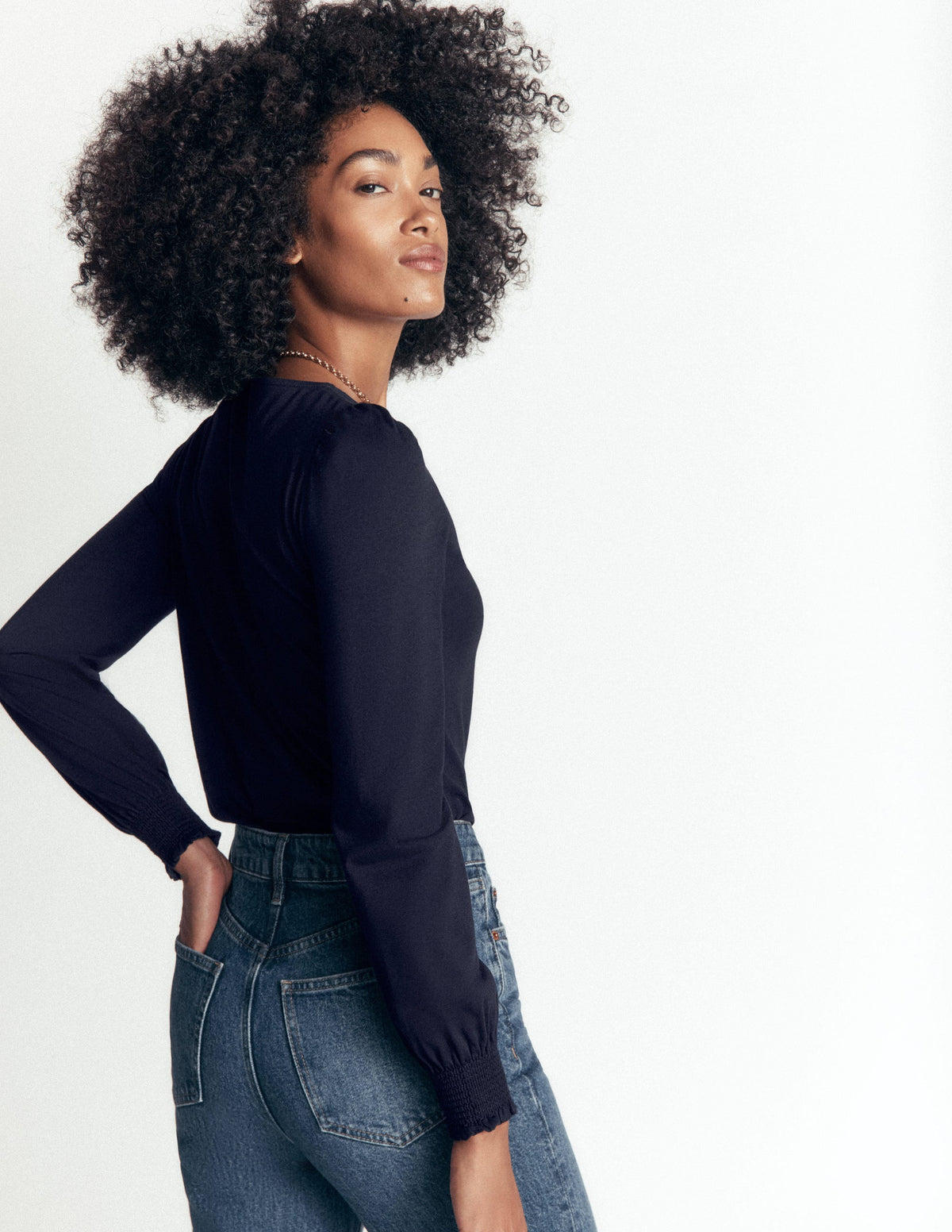 Smocked Cuff Supersoft Top-Navy-3