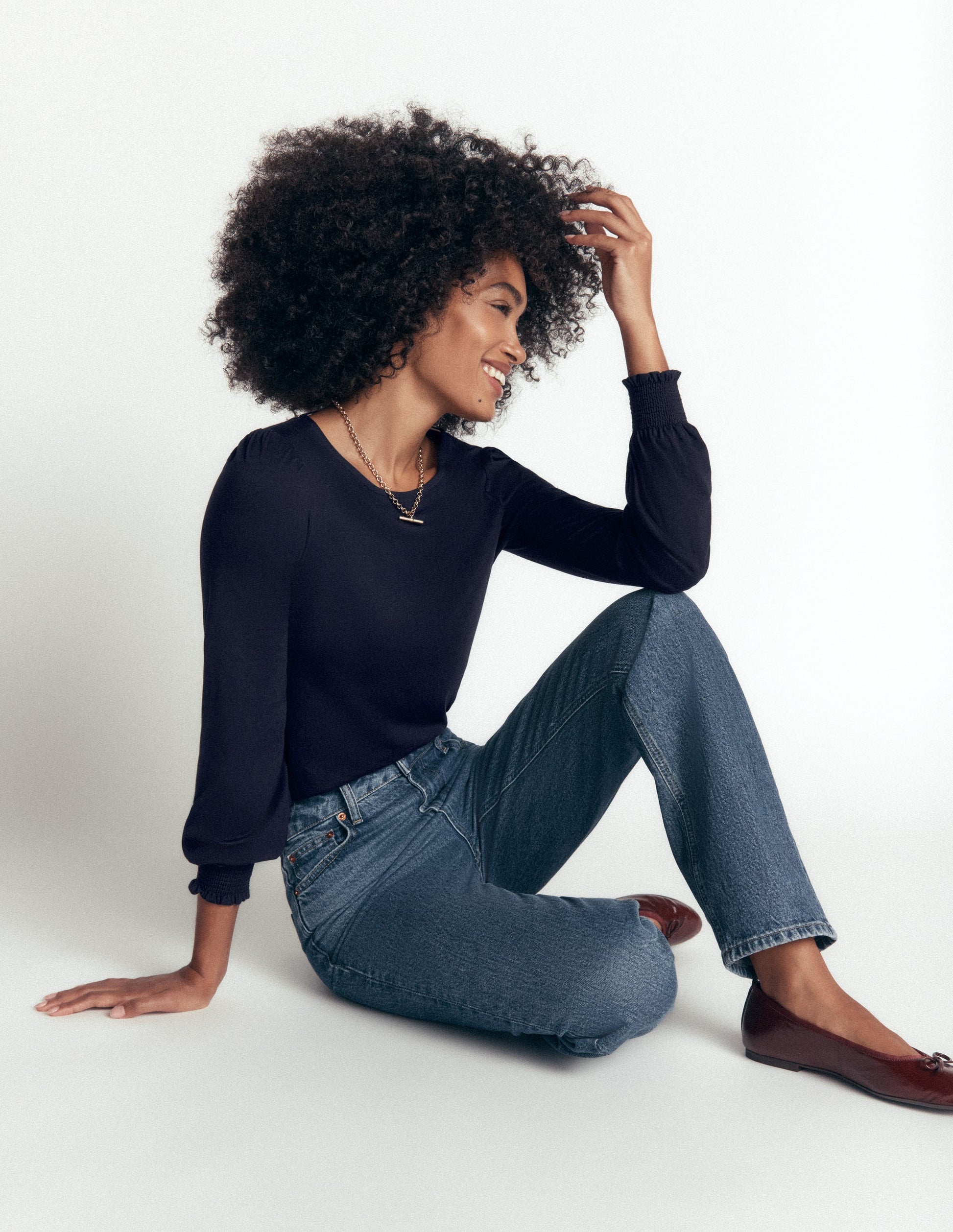 Smocked Cuff Supersoft Top-Navy-4