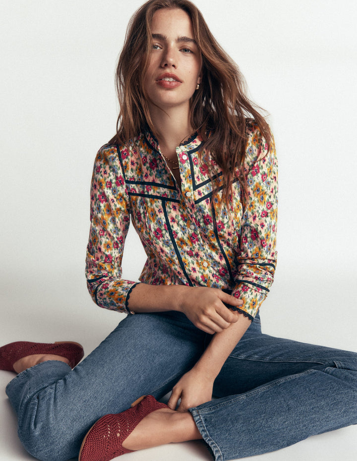 Carmen Lace Trim Cotton Top-Multi, Flecked Garden
