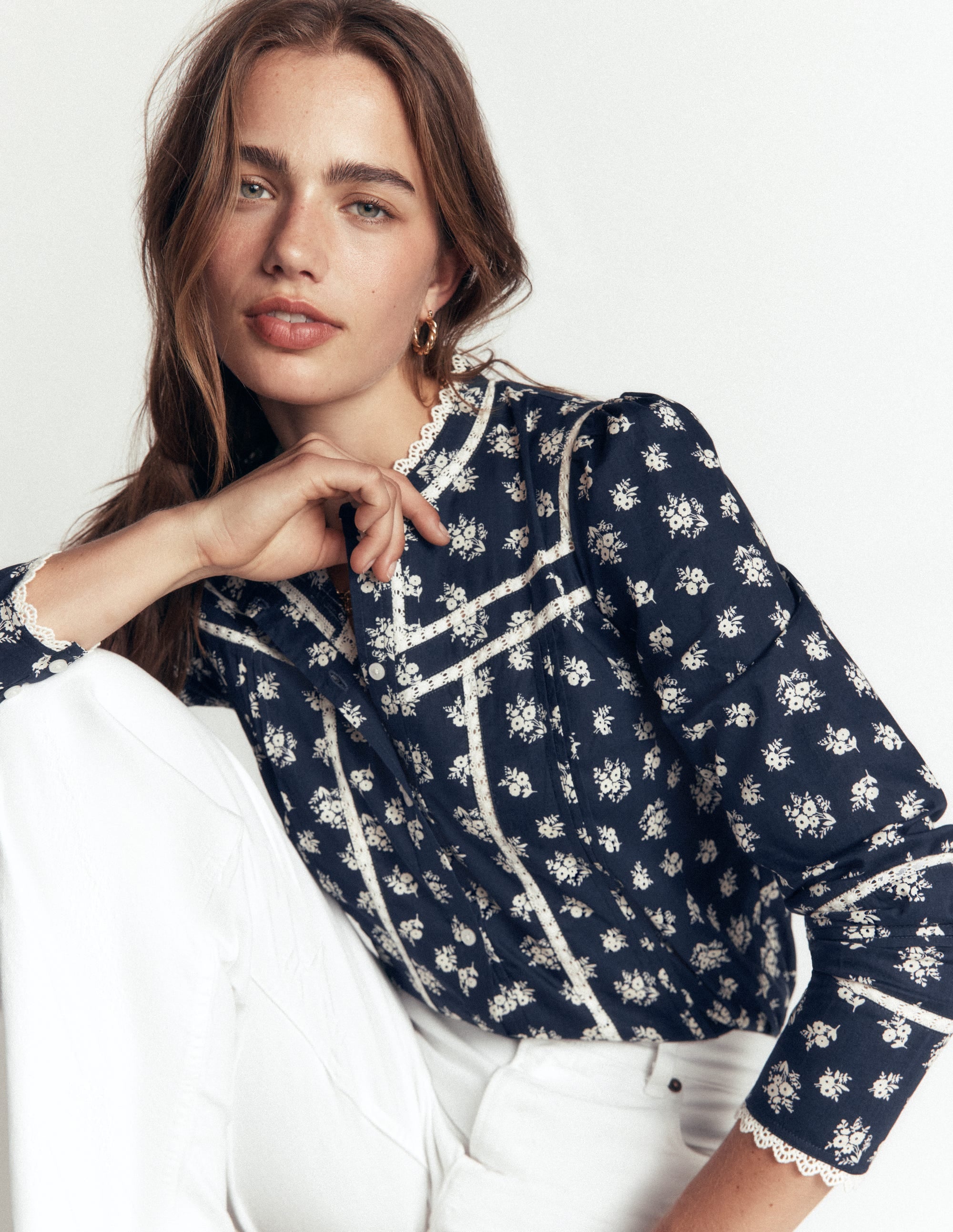 Carmen Lace Trim Cotton Top-French Navy, Delicate Garden - Image 2