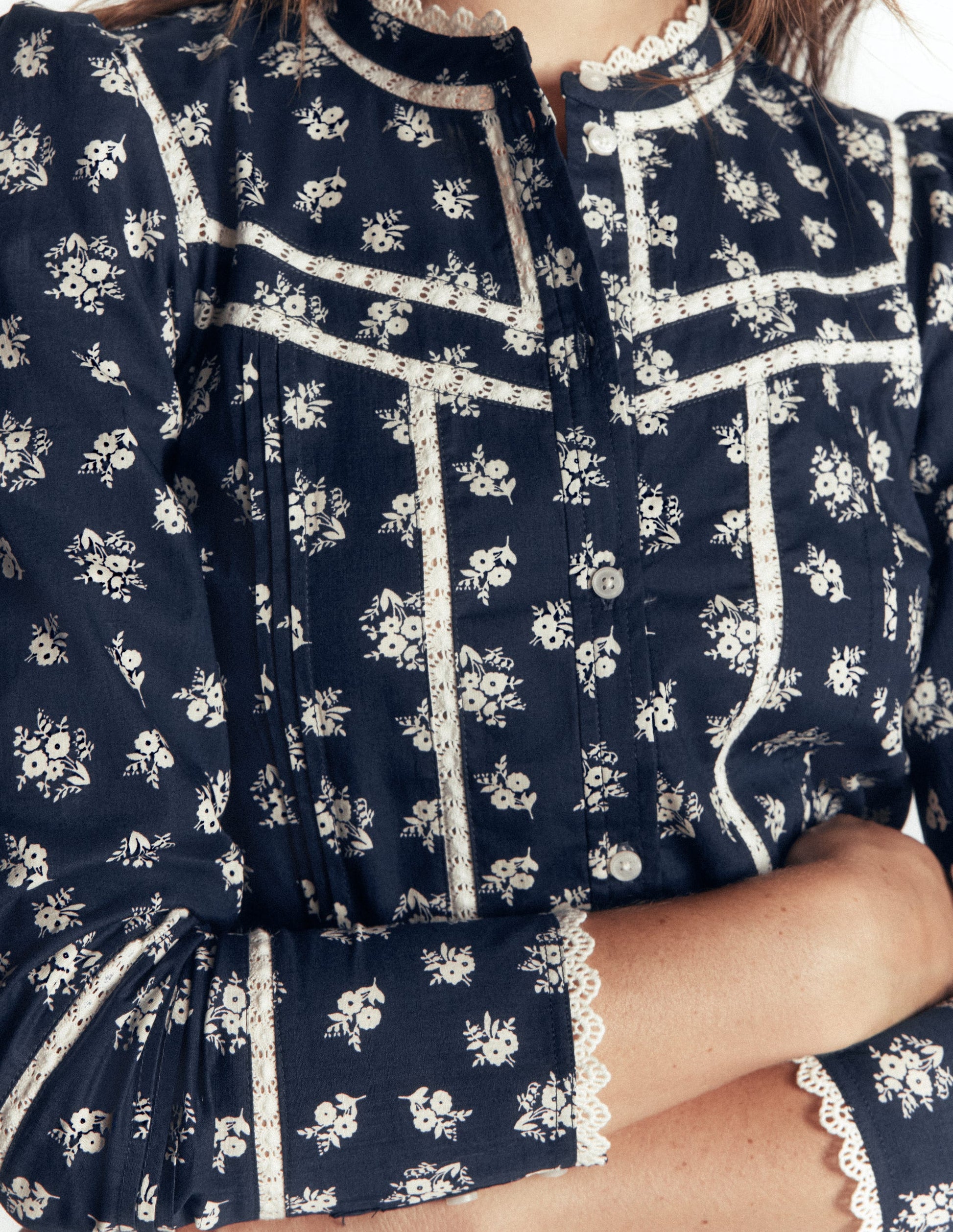 Carmen Lace Trim Cotton Top-French Navy, Delicate Garden-3