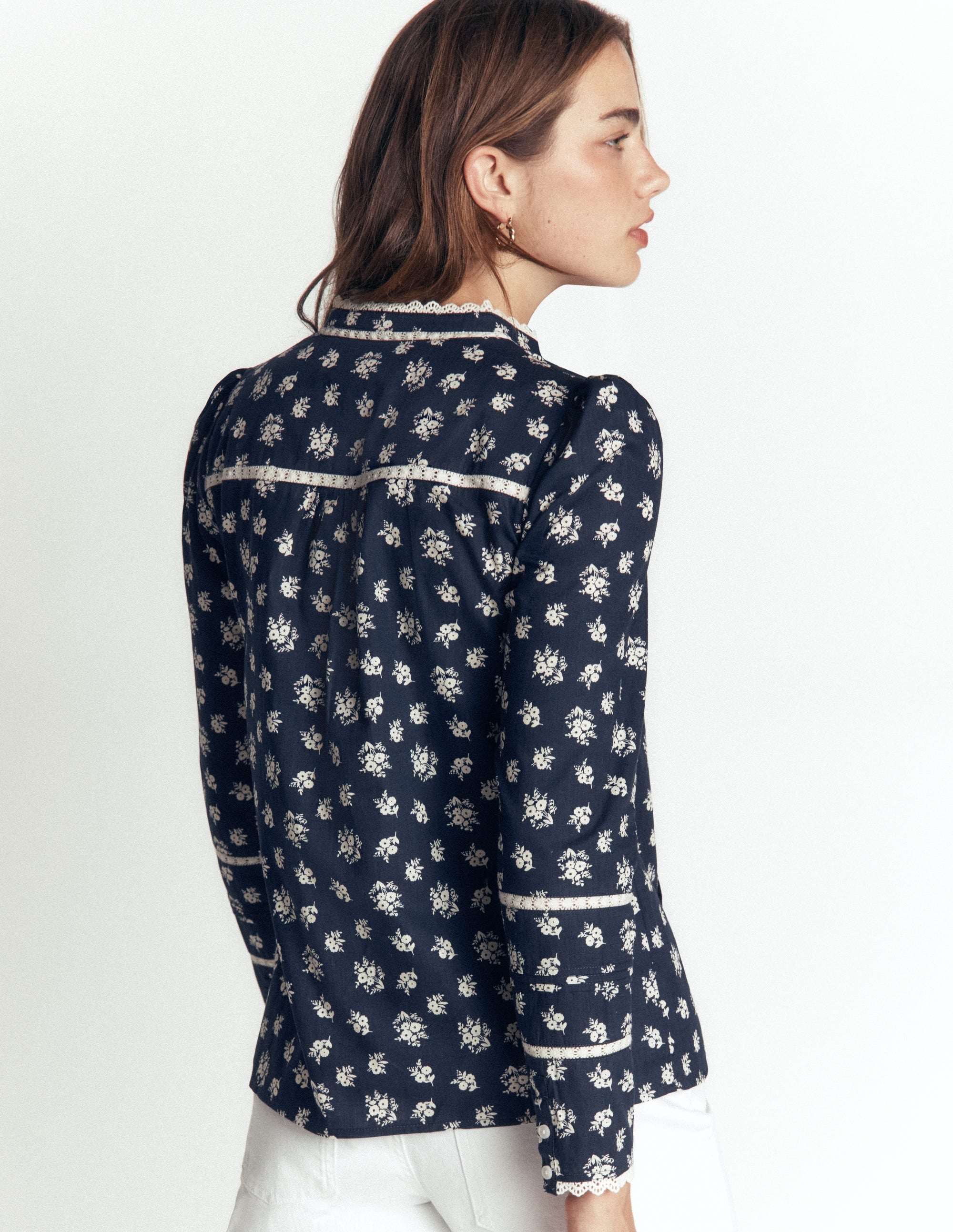 Carmen Lace Trim Cotton Top-French Navy, Delicate Garden - Image 4