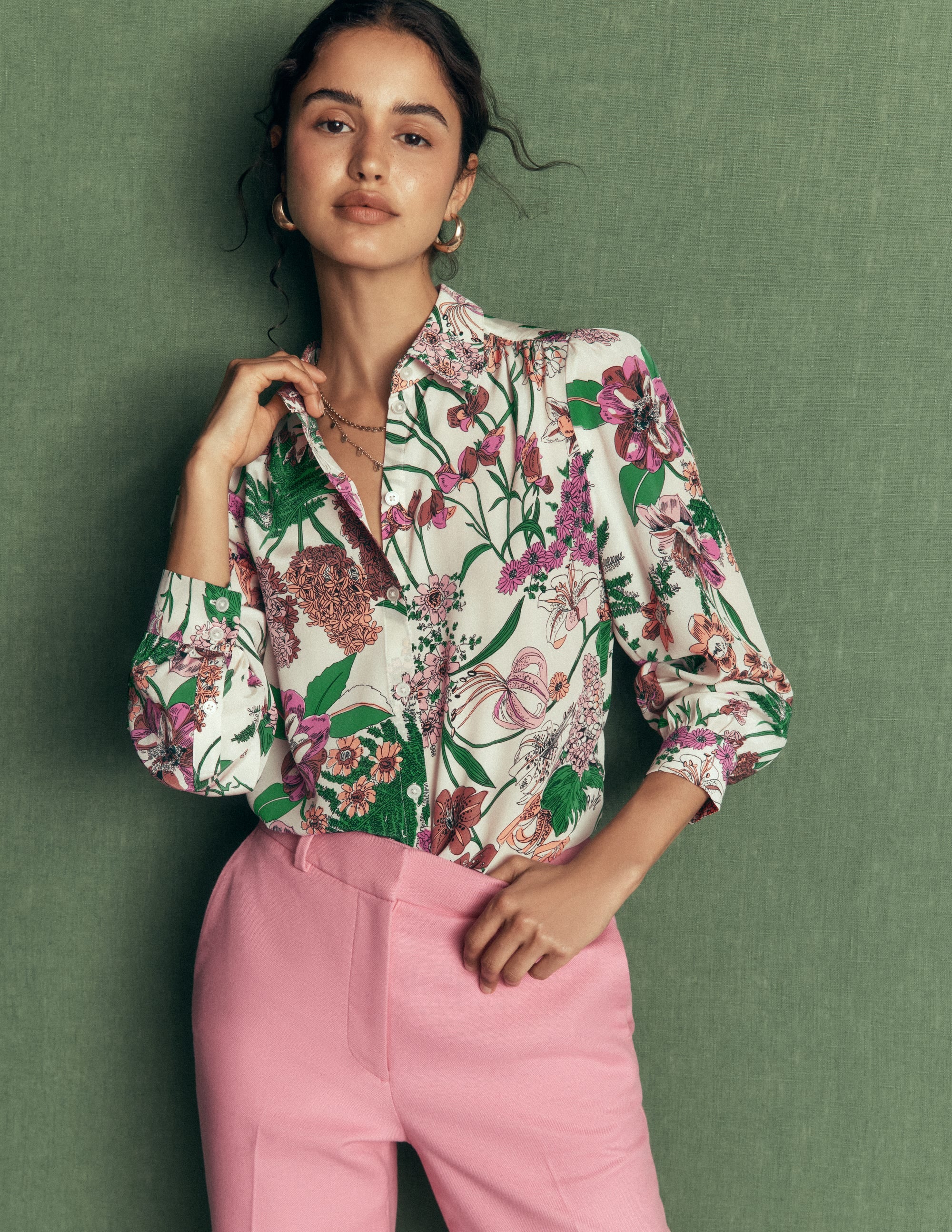 Sara Silk Shirt-Ivory, Whimsical Flora - Image 1
