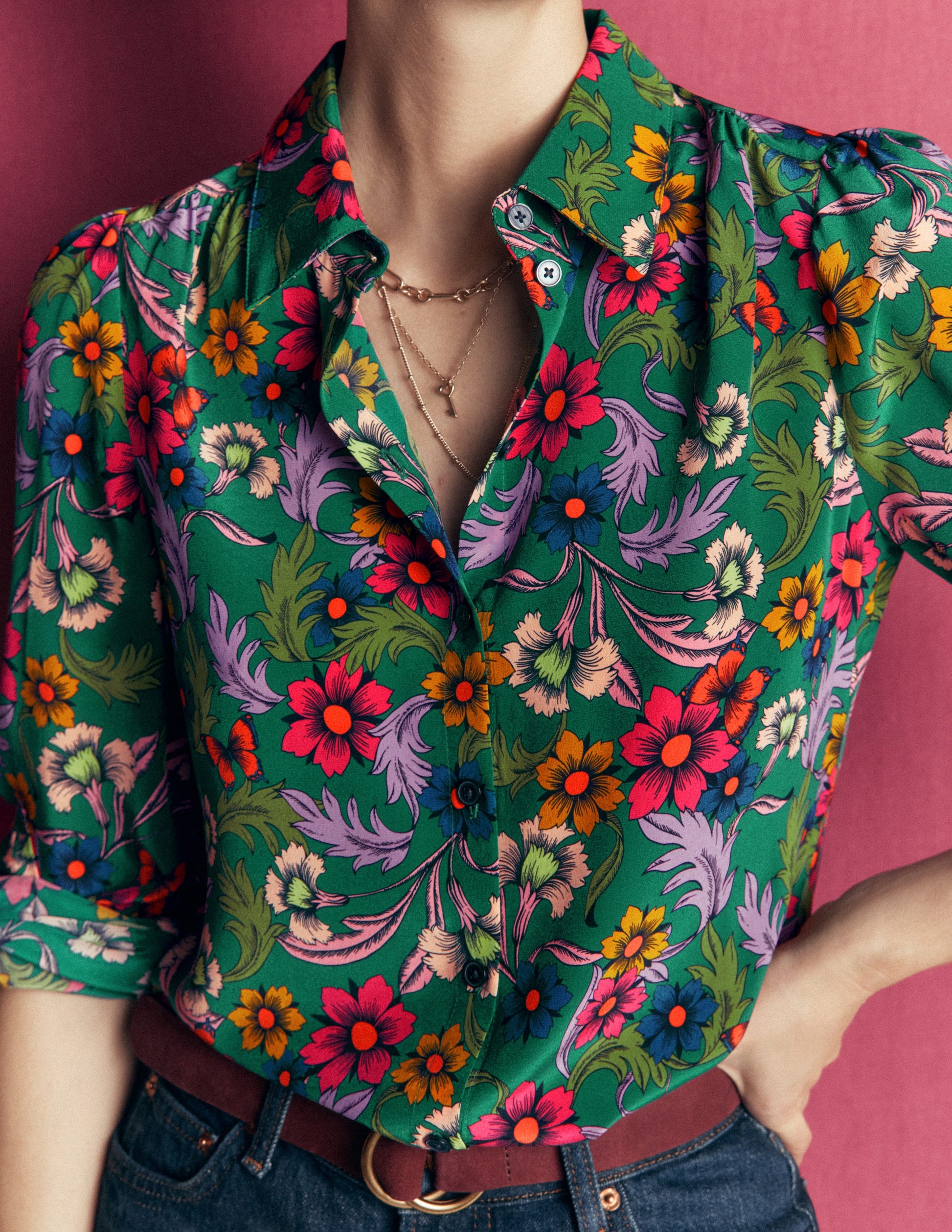Sara Silk Shirt-Green, Butterfly Bouquet-3