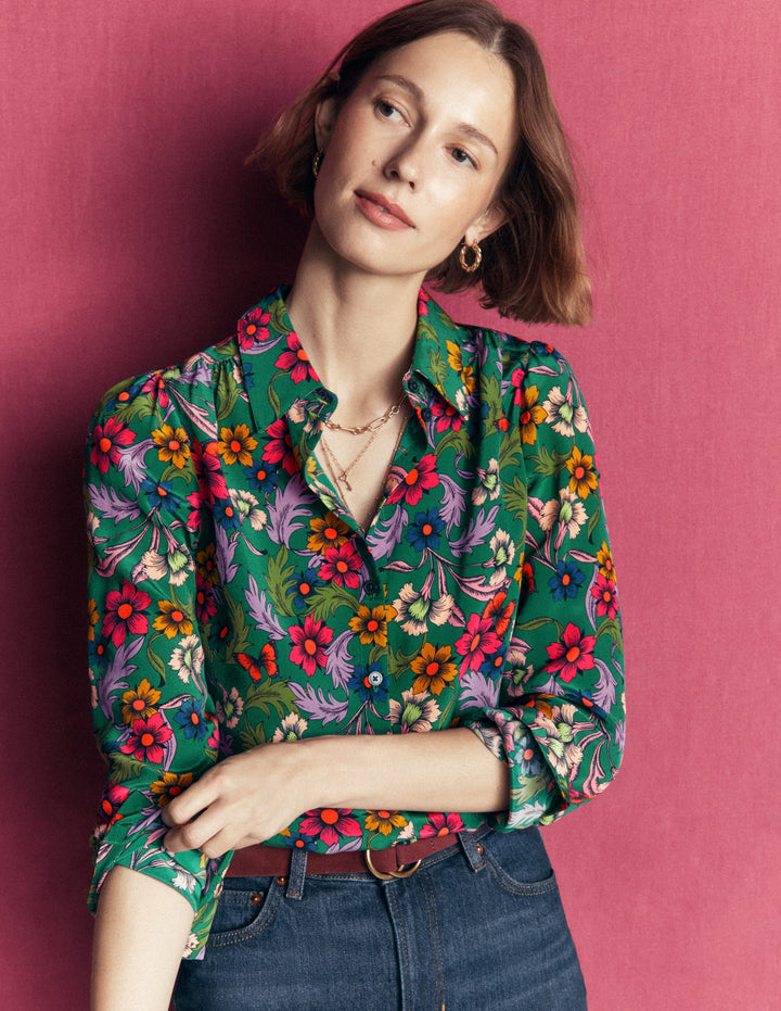 Sara Silk Shirt-Green, Butterfly Bouquet