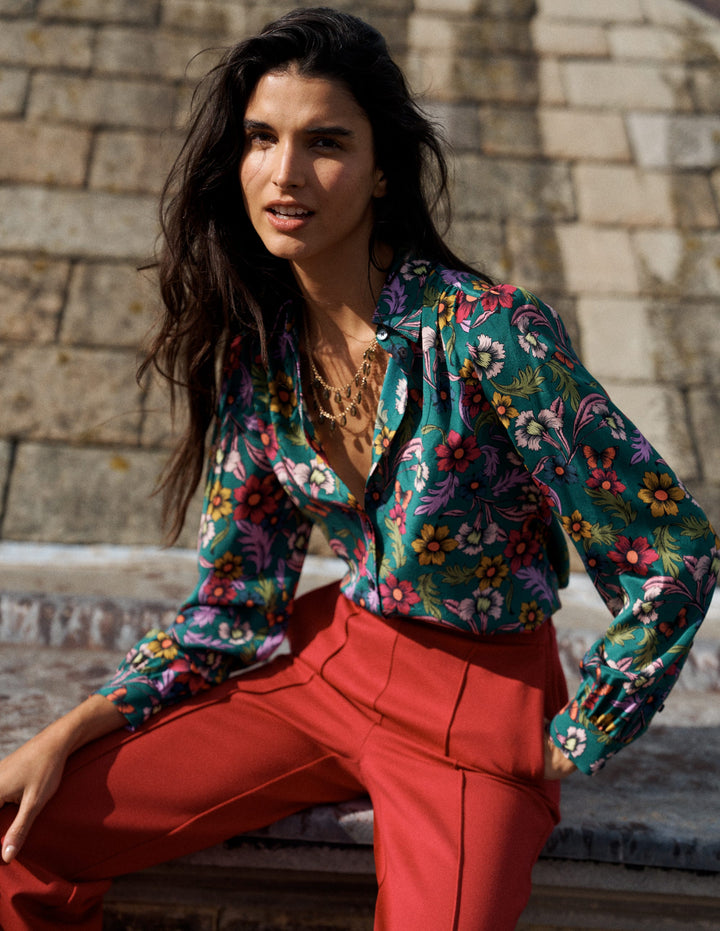 Sara Silk Shirt-Green, Butterfly Bouquet