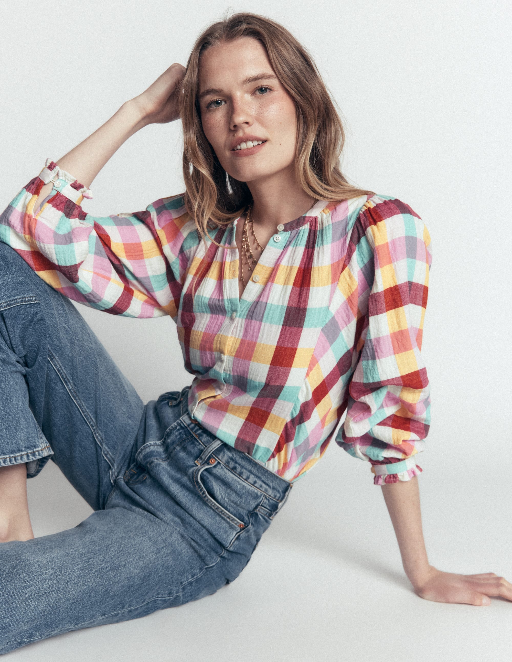 Camille Double Cloth Top-Ivory, Pink, Red Multi Gingham - Image 1
