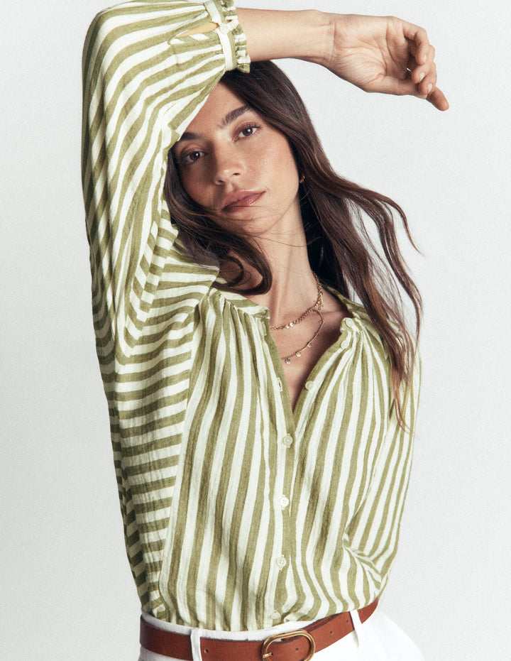 Camille Double Cloth Top-Olive, Ivory Fine Stripe