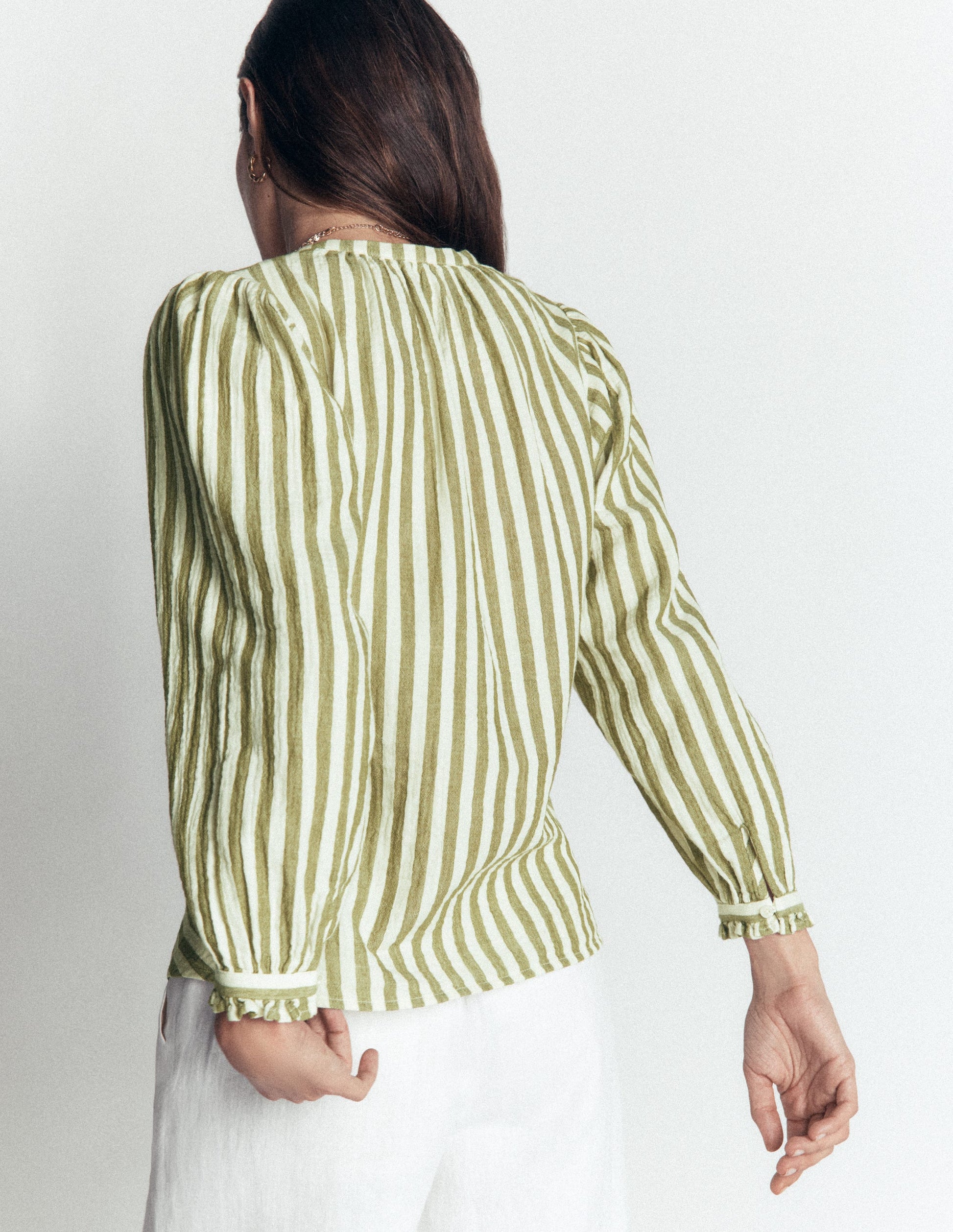 Camille Double Cloth Top-Olive, Ivory Fine Stripe-3