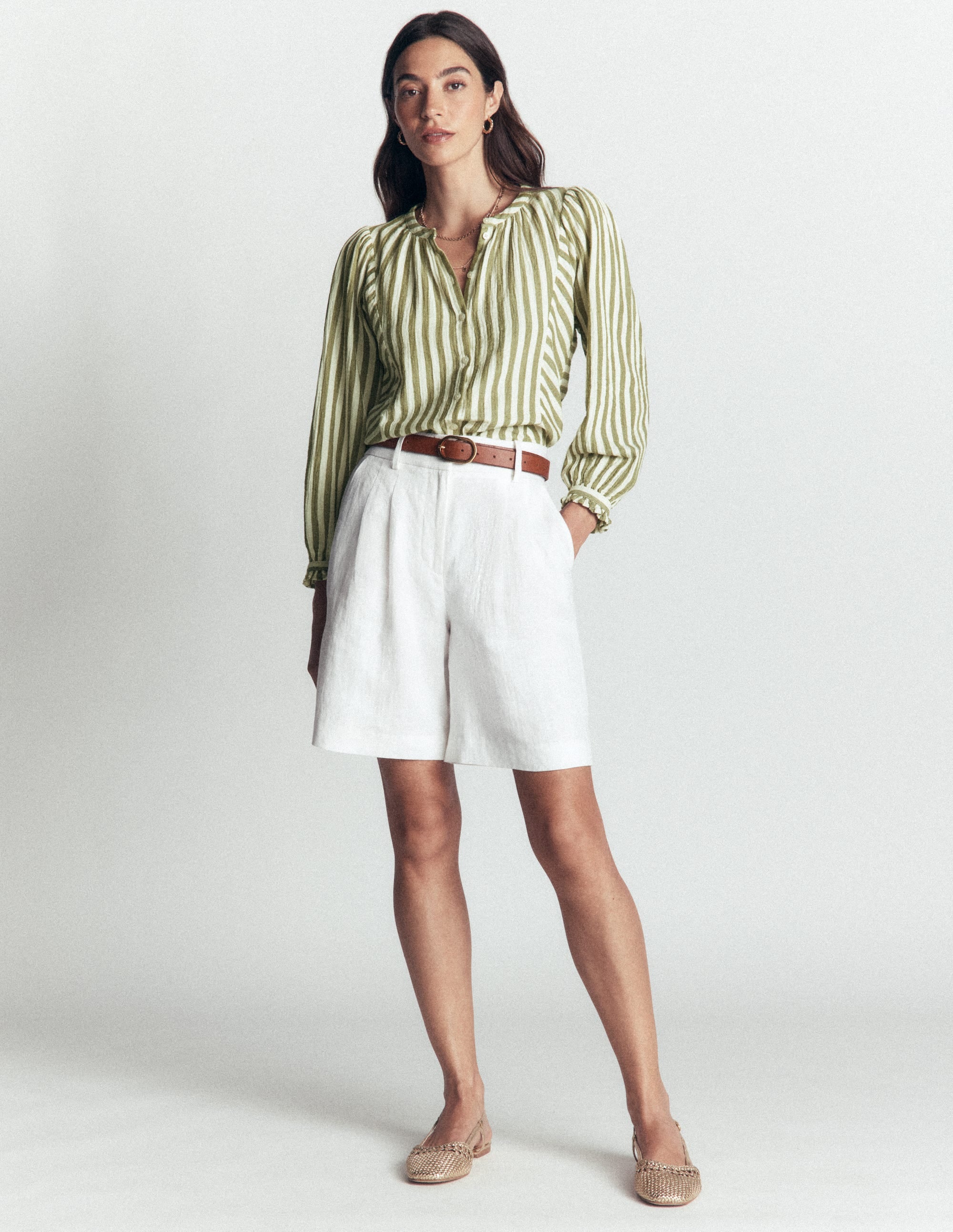 Camille Double Cloth Top-Olive, Ivory Fine Stripe - Image 4