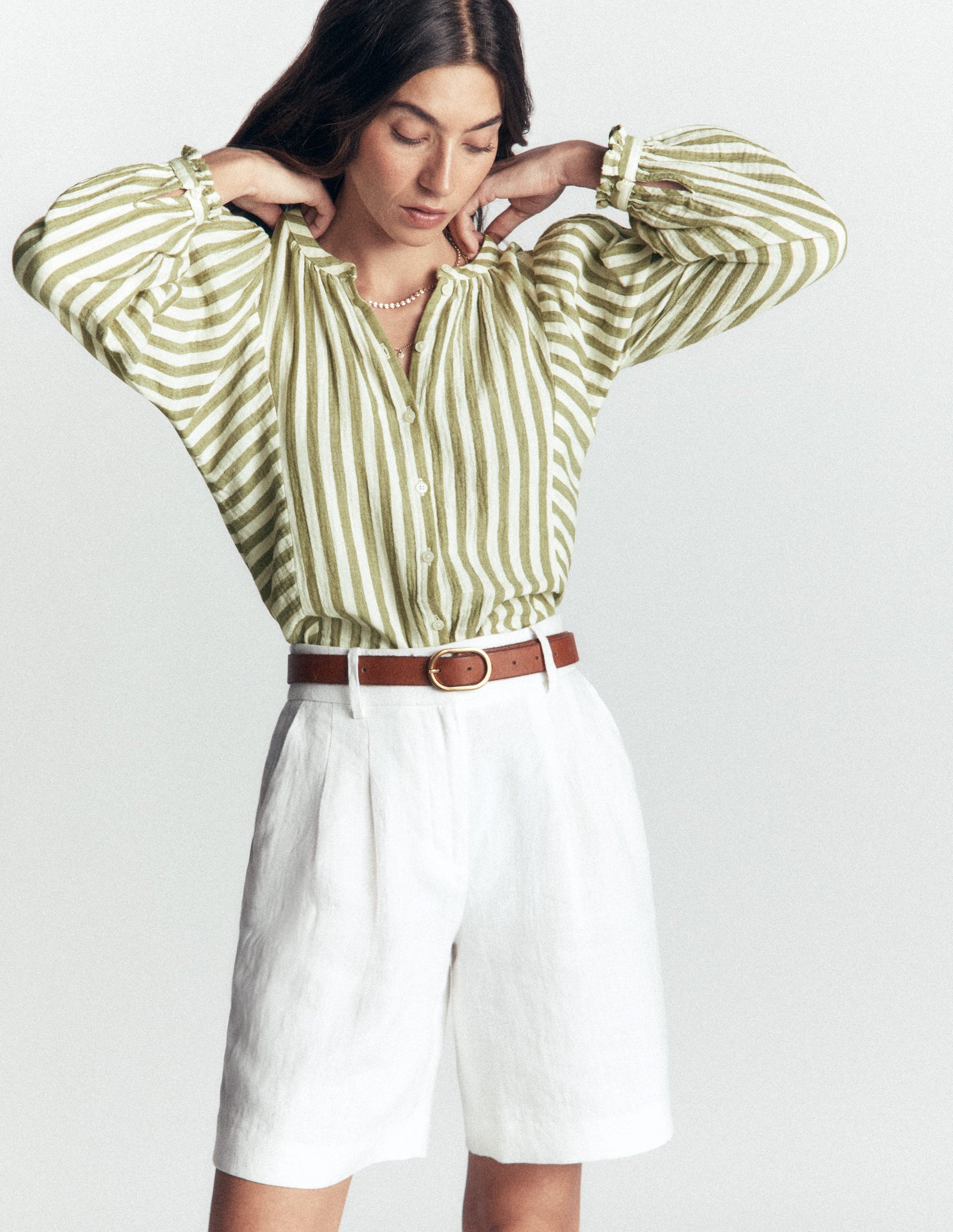 Camille Double Cloth Top-Olive, Ivory Fine Stripe-5