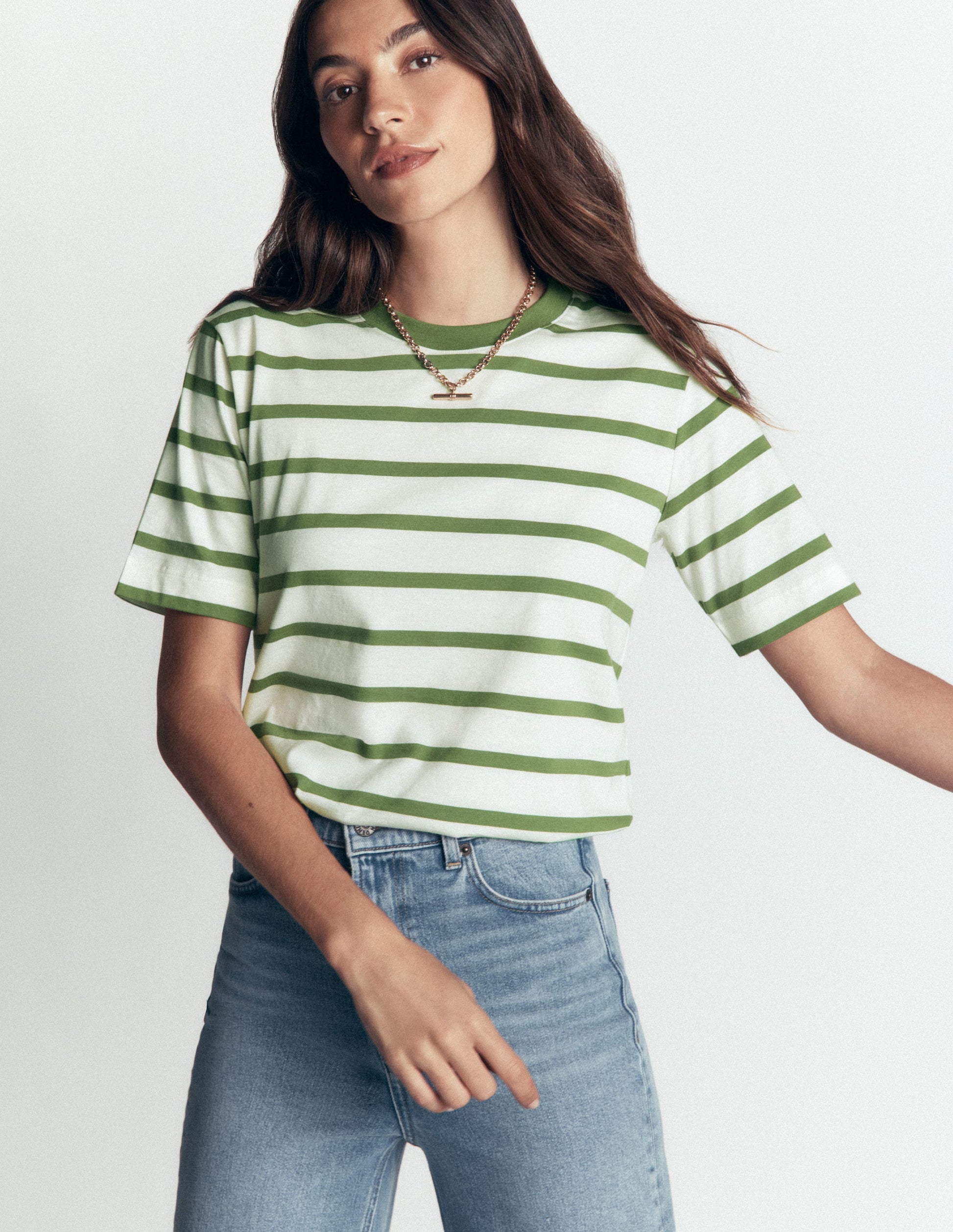 Relaxed Cotton T-shirt-Safari Green and Ivory Stripe-1