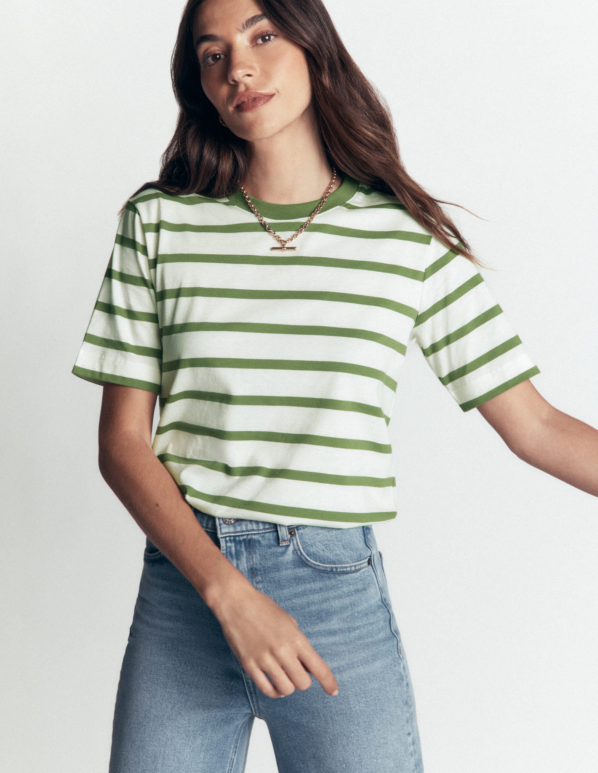 Relaxed Cotton T-shirt-Safari Green and Ivory Stripe - Image 1