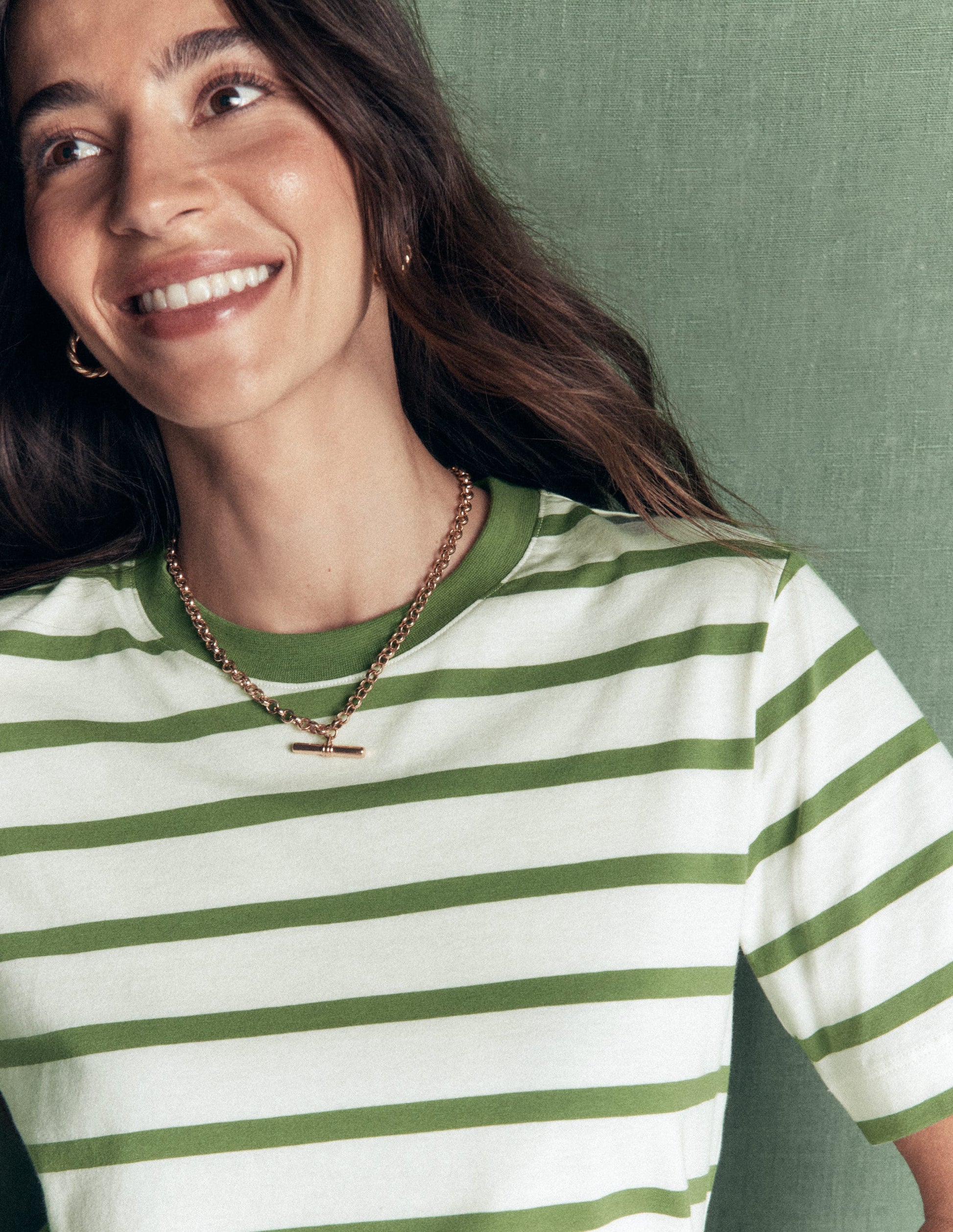 Relaxed Cotton T-shirt-Safari Green, Ivory Stripe-2