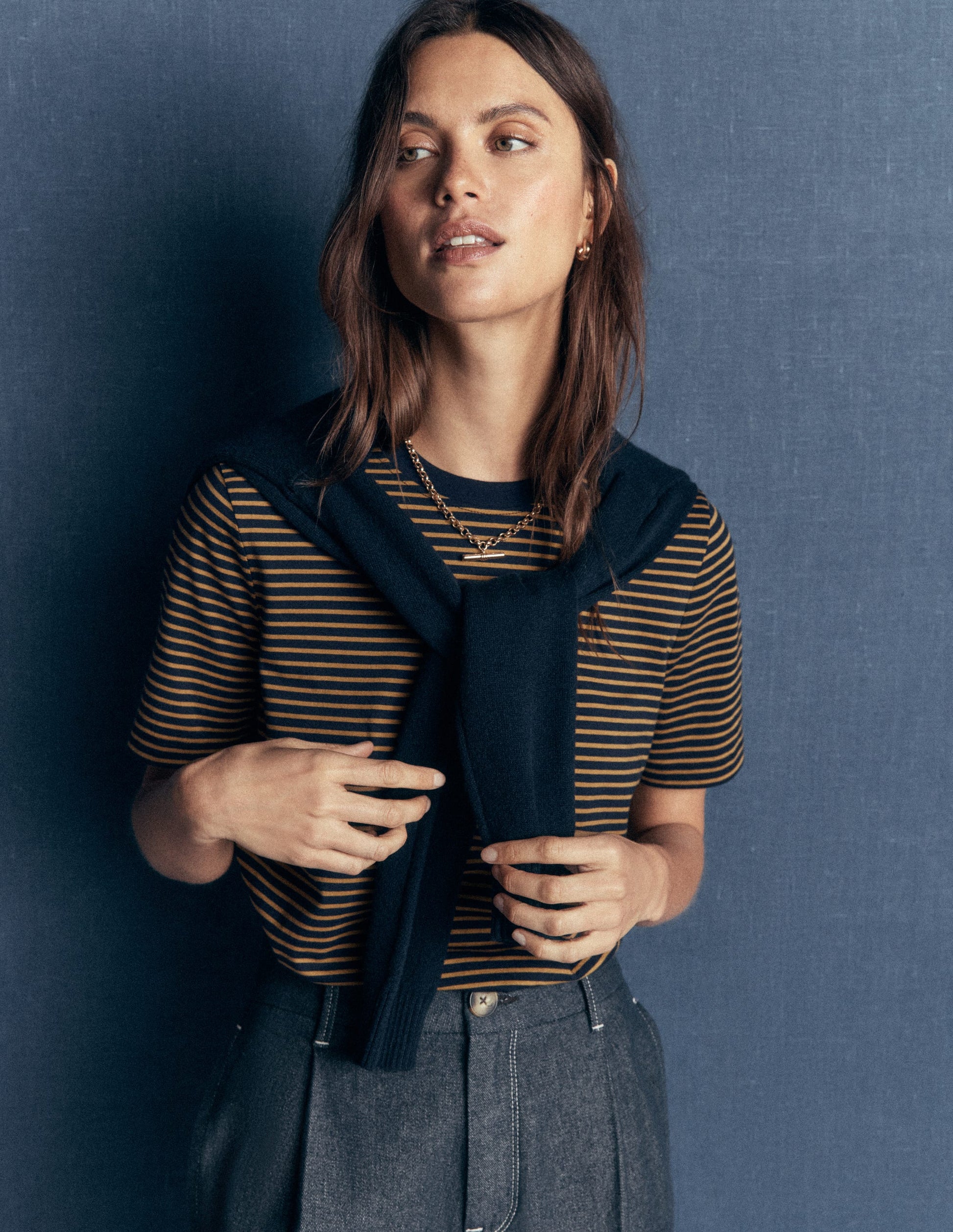Cotton Crew Neck T-shirt-Navy and Dijon Stripe-1