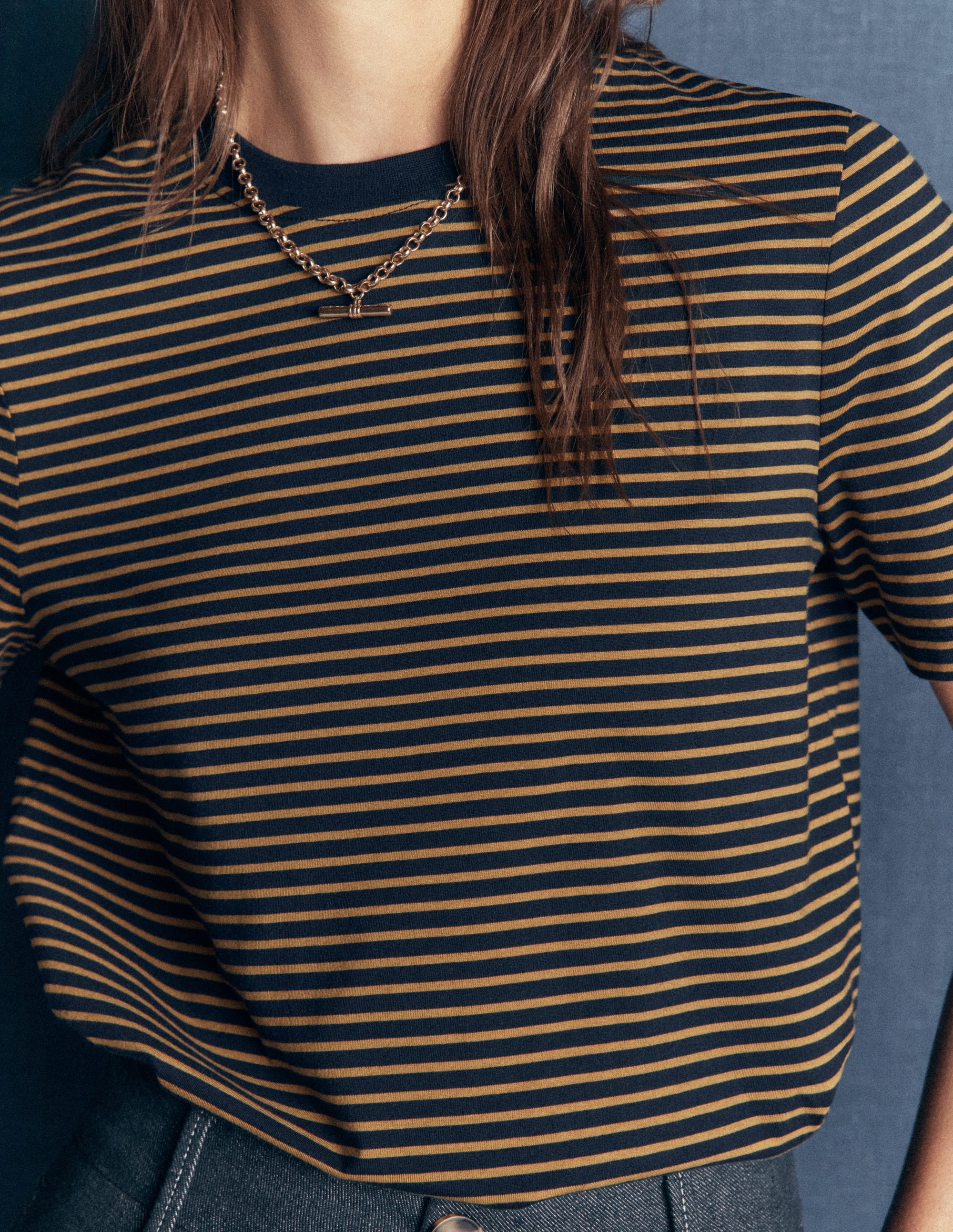 Cotton Crew Neck T-shirt-Navy and Dijon Stripe - Image 2