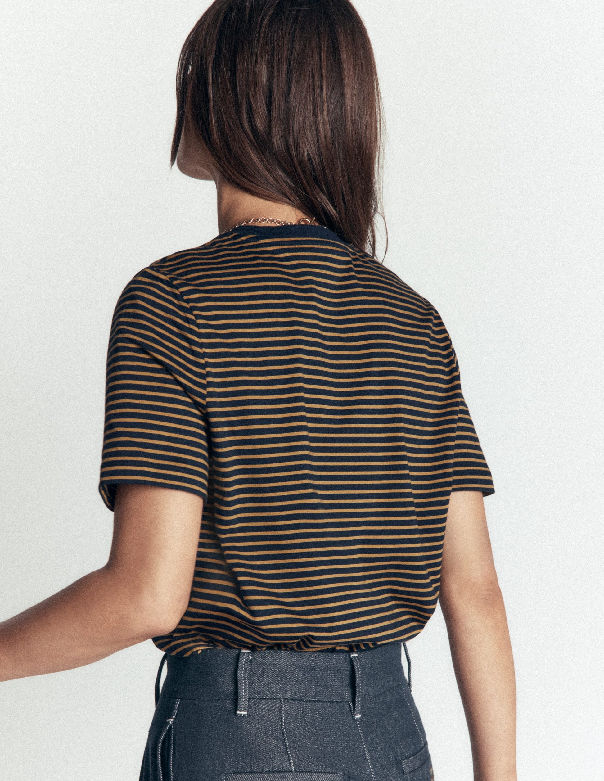 Cotton Crew Neck T-shirt-Navy and Dijon Stripe-3