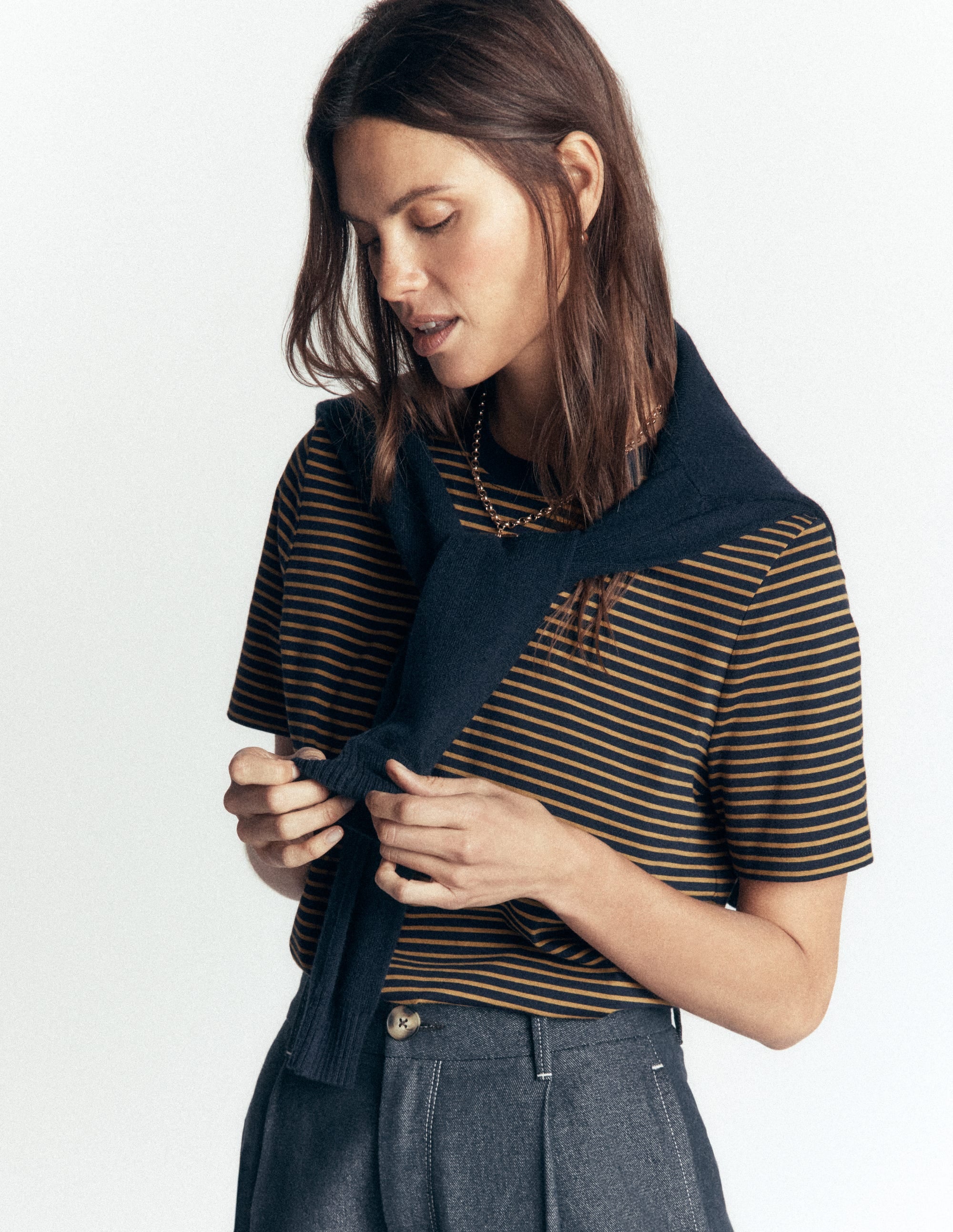 Cotton Crew Neck T-shirt-Navy and Dijon Stripe - Image 5