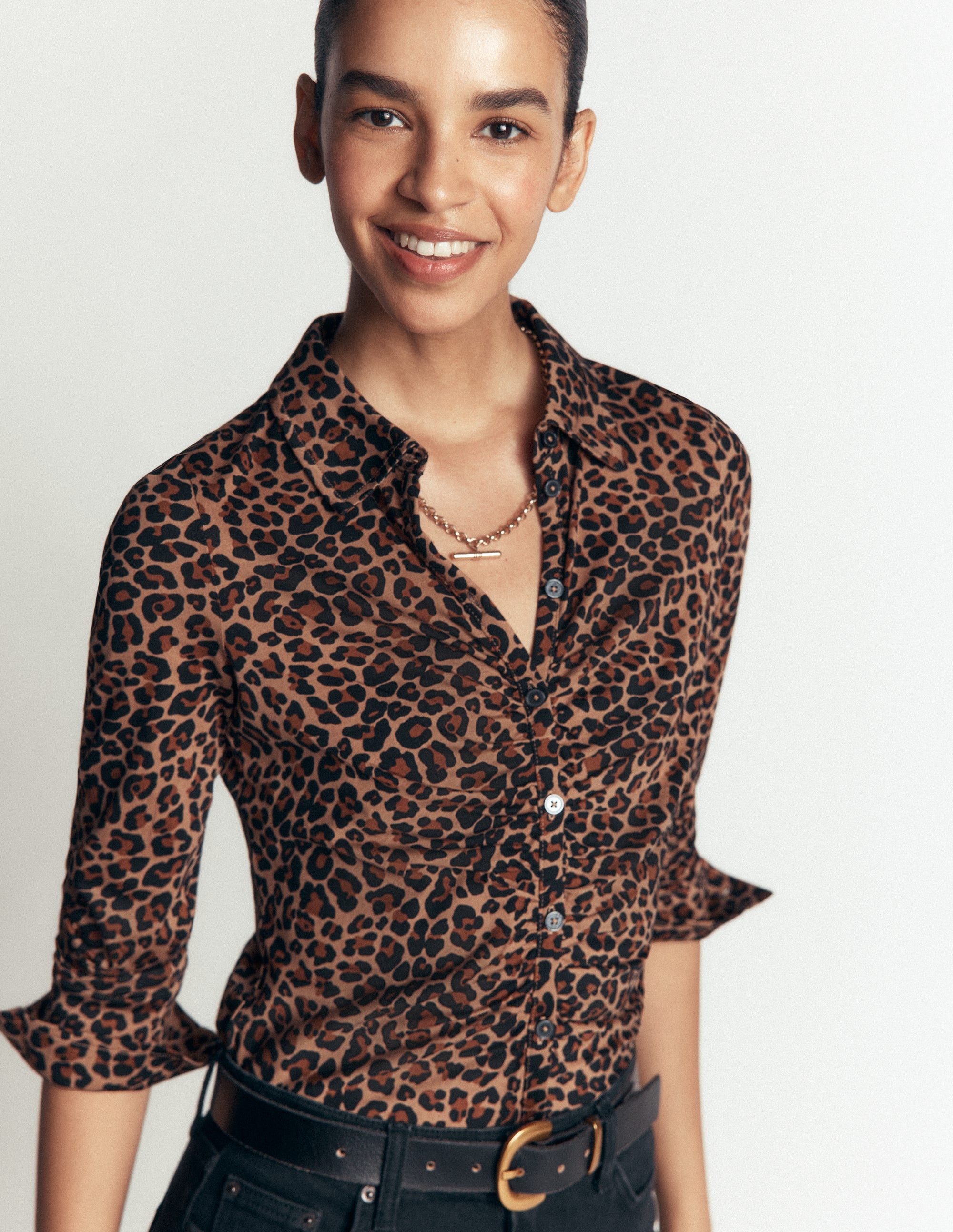 Supersoft Ruched Jersey Shirt-Camel, Leopard Fields - Image 1