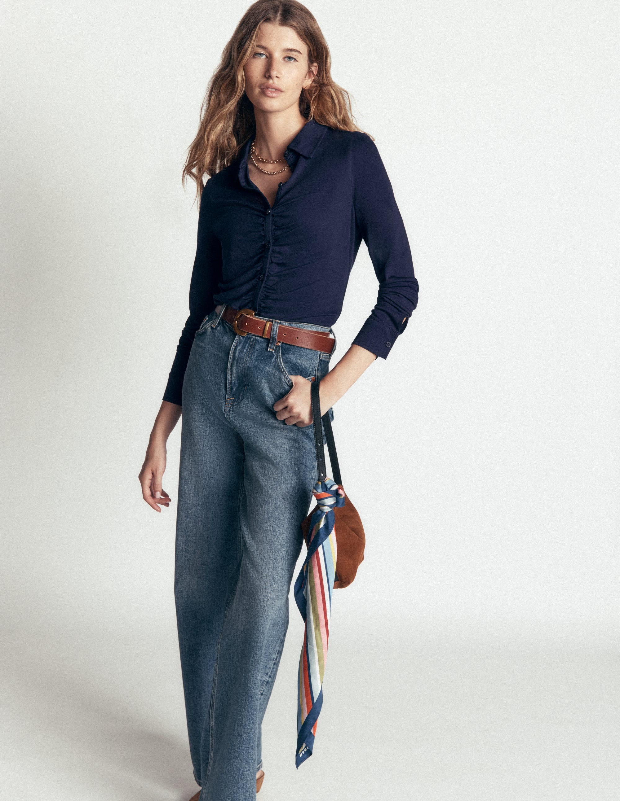 Supersoft Ruched Jersey Shirt-Navy - Image 5
