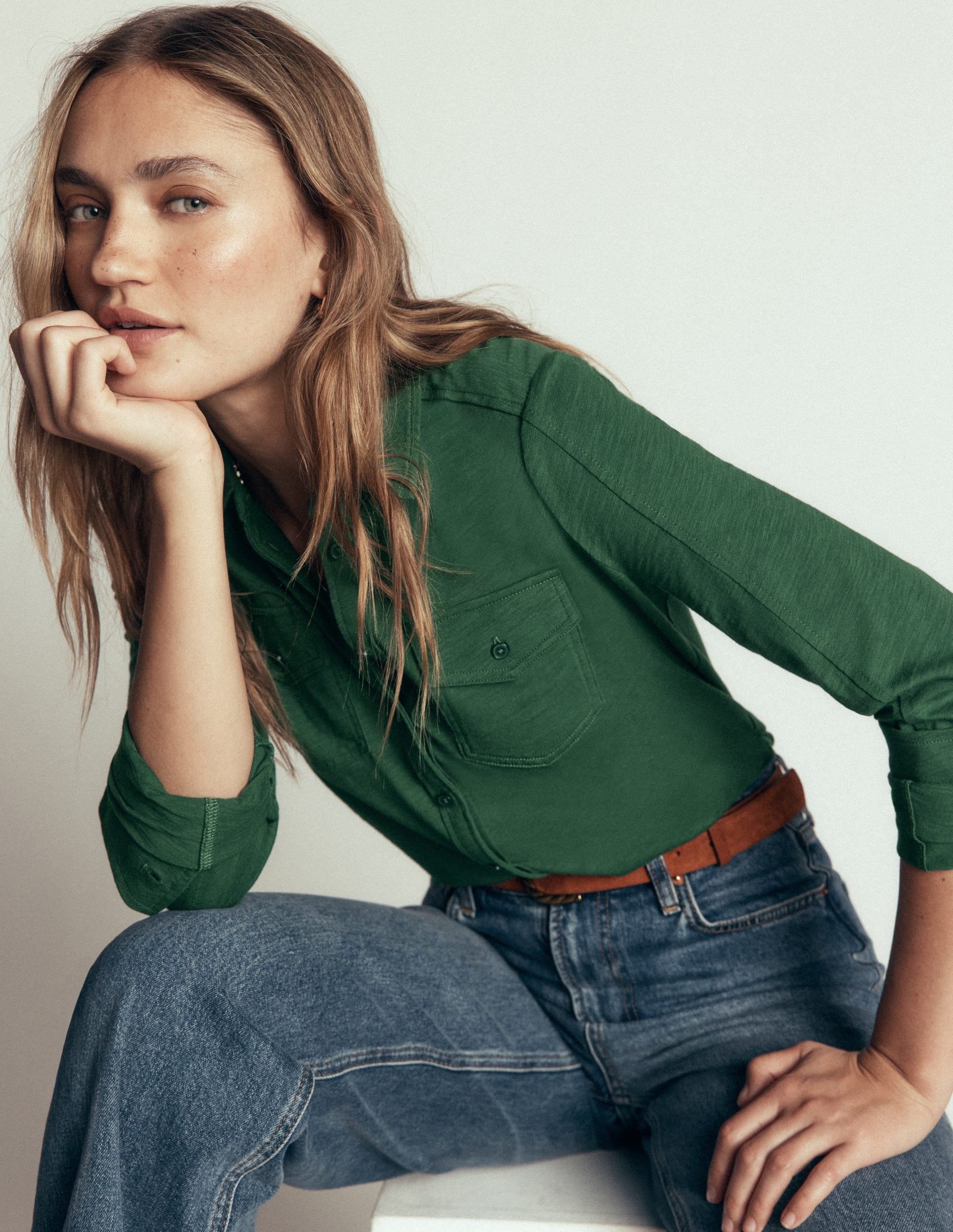 Seam Detail Jersey Shirt-Hunter Green - Image 1