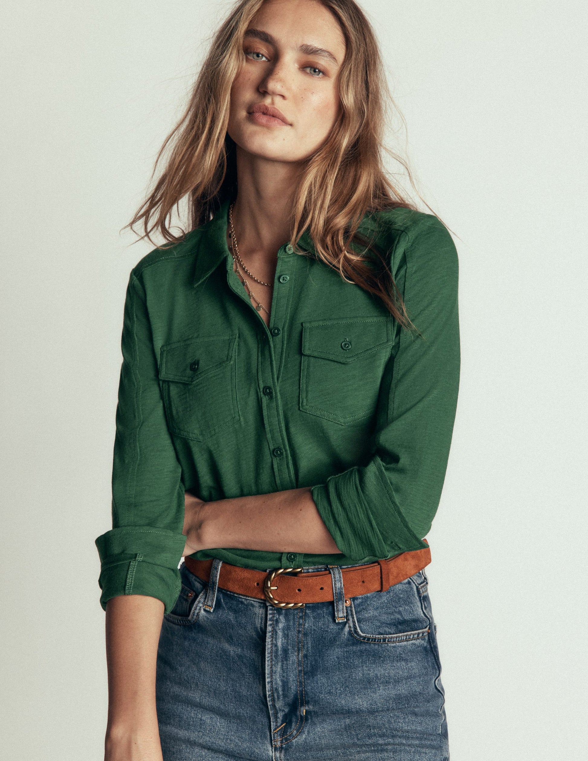 Seam Detail Jersey Shirt-Hunter Green-4