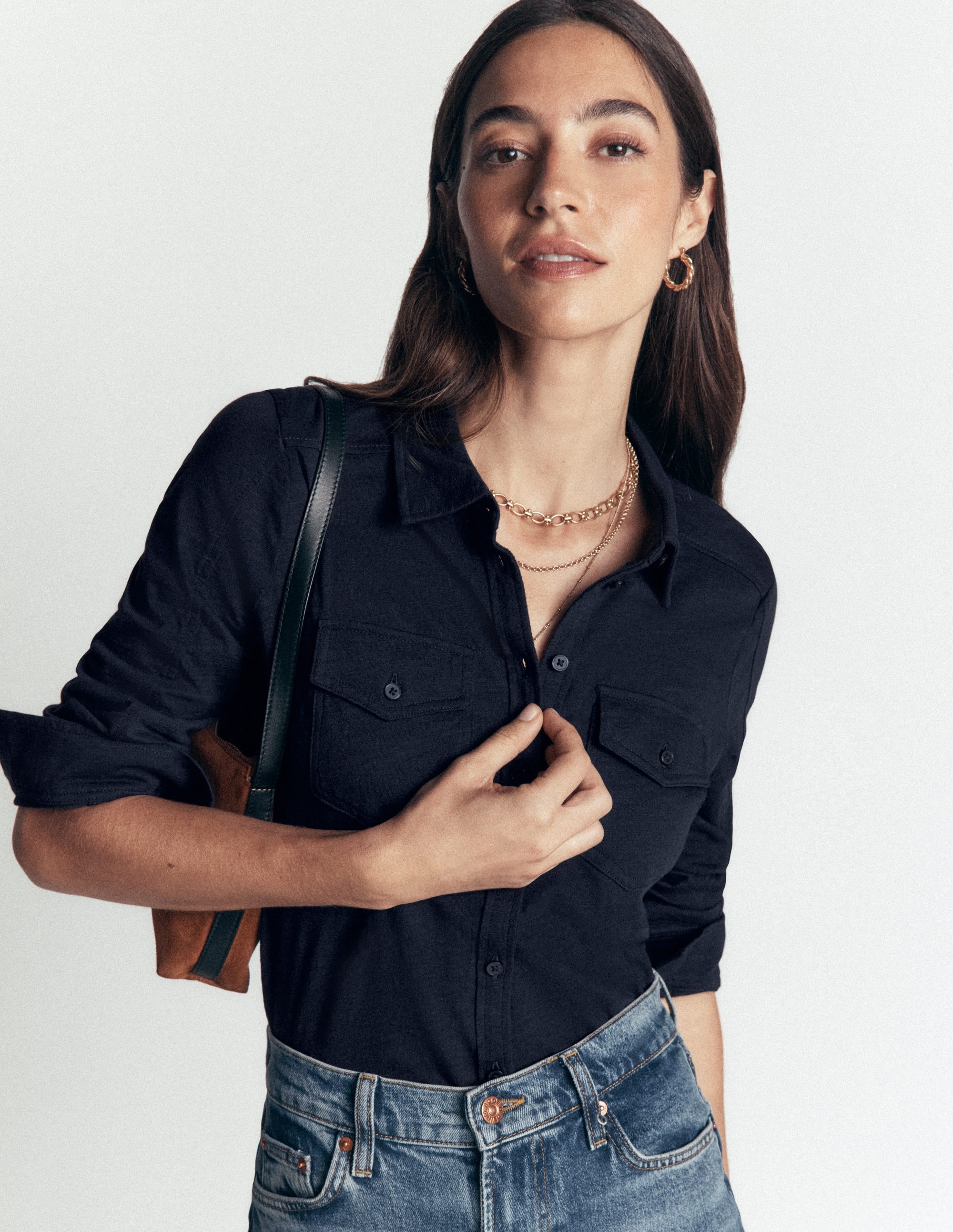 Seam Detail Jersey Shirt-Navy - Image 1