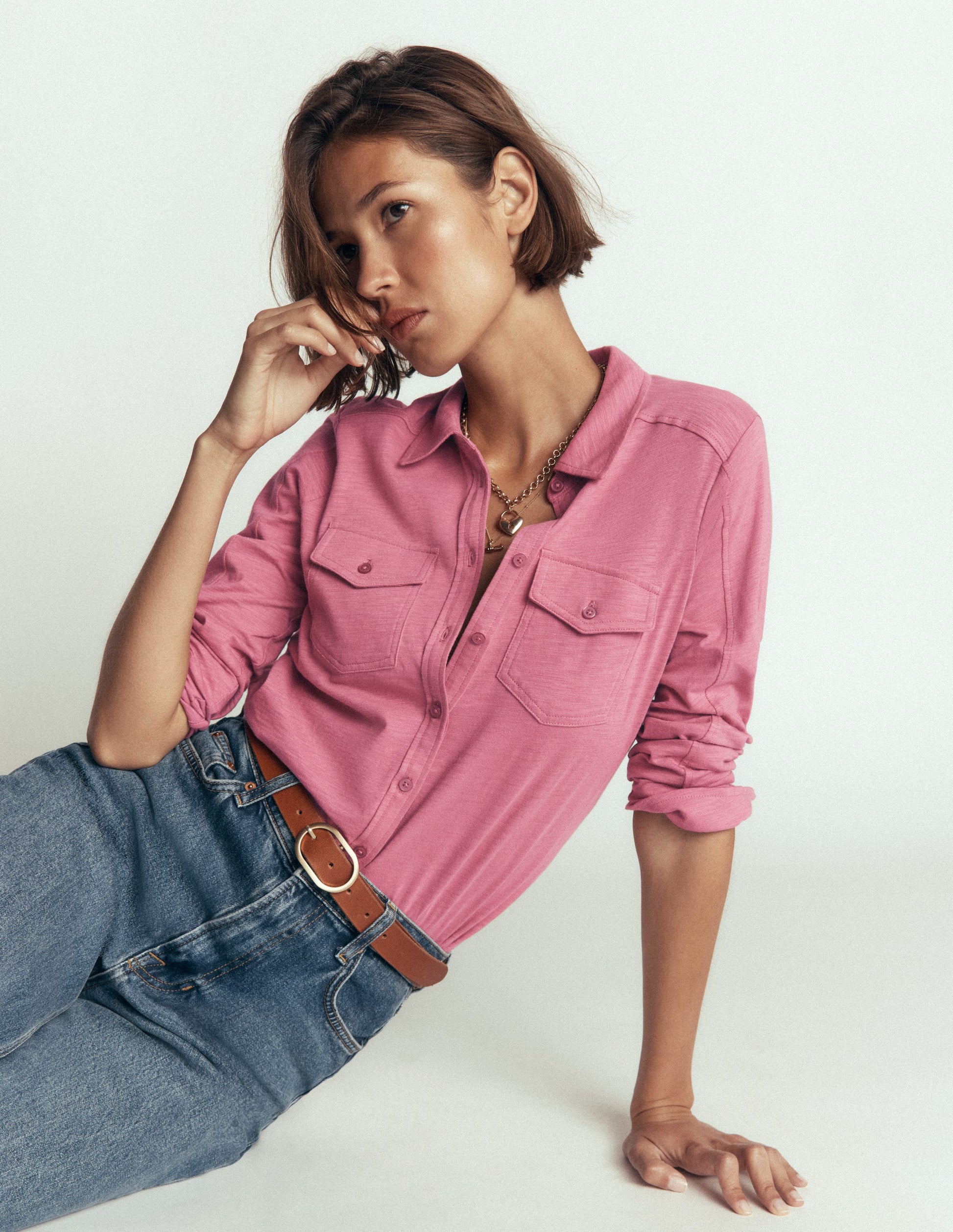 Seam Detail Jersey Shirt-Pink Heather-1