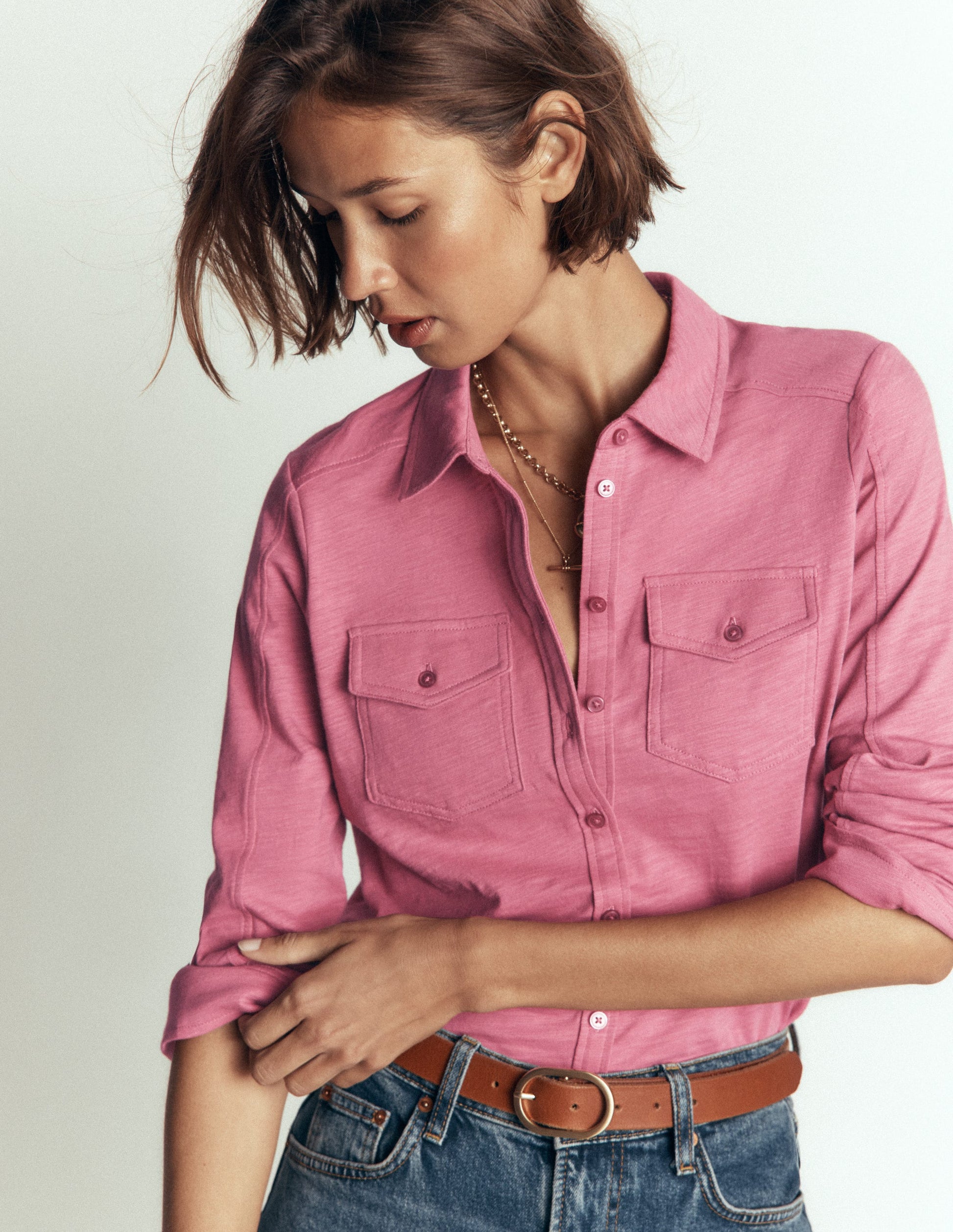 Seam Detail Jersey Shirt-Pink Heather-4