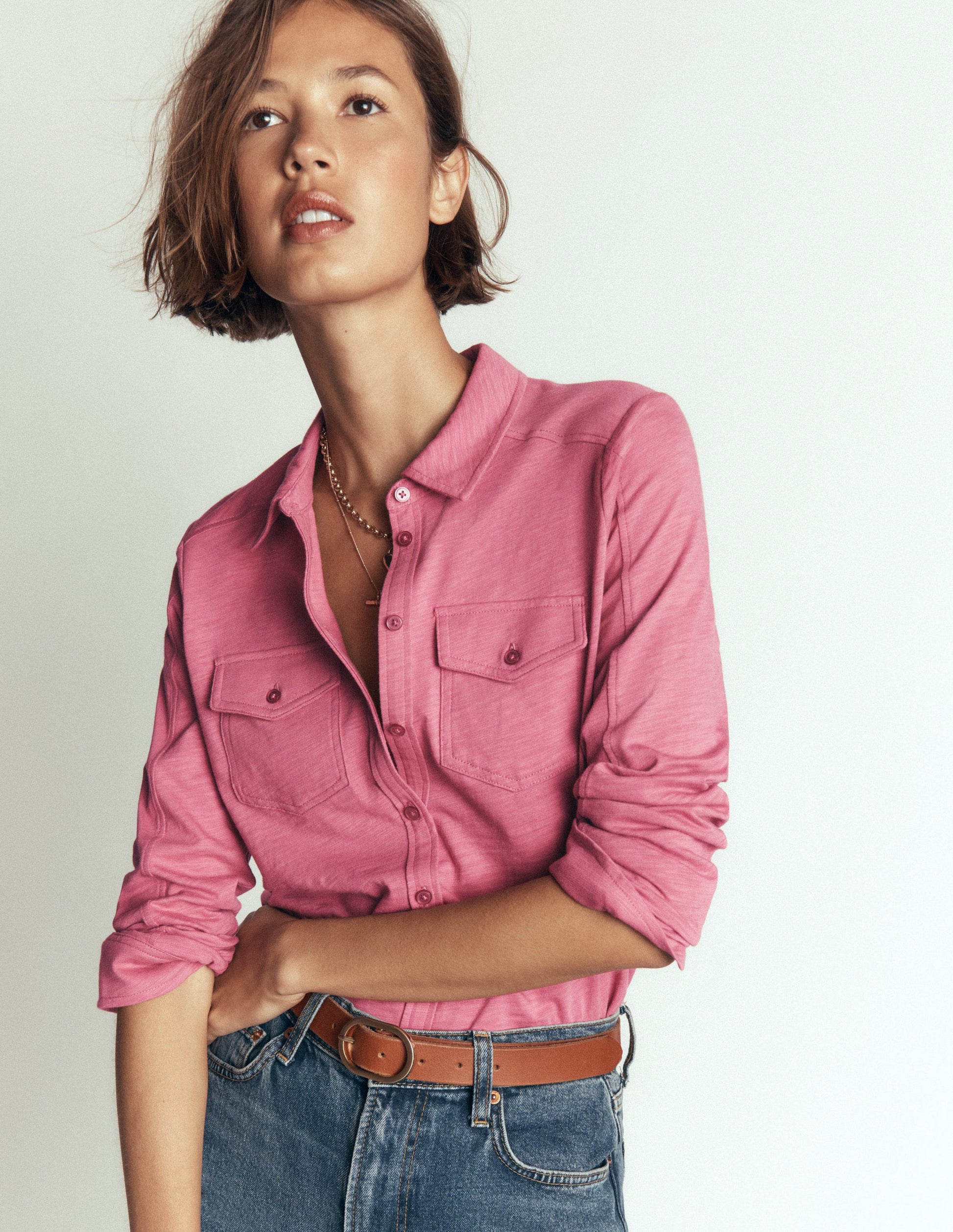 Seam Detail Jersey Shirt-Pink Heather-5