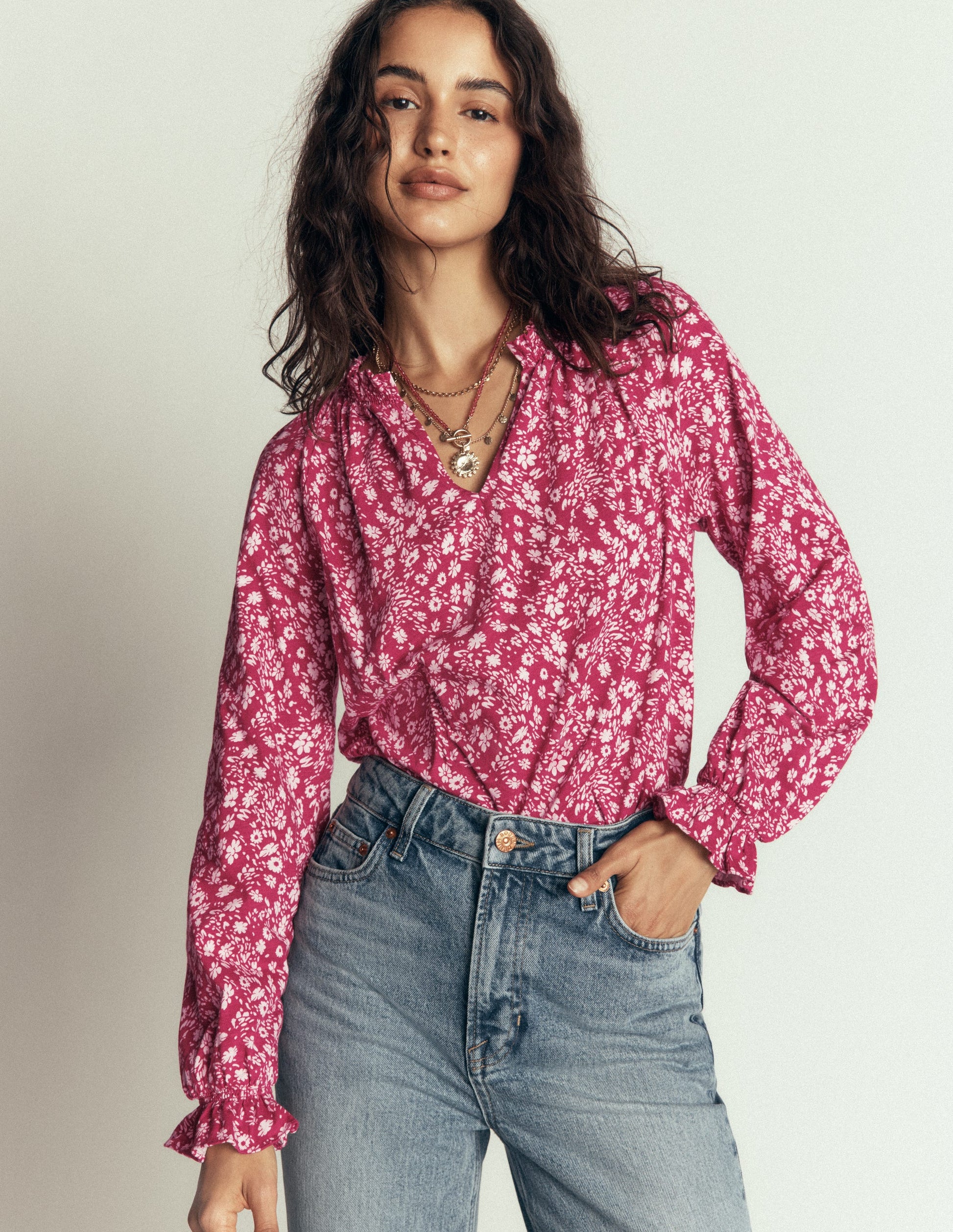 Pia Ruffle Detail Top-Red Bud, Scattered Flora-4