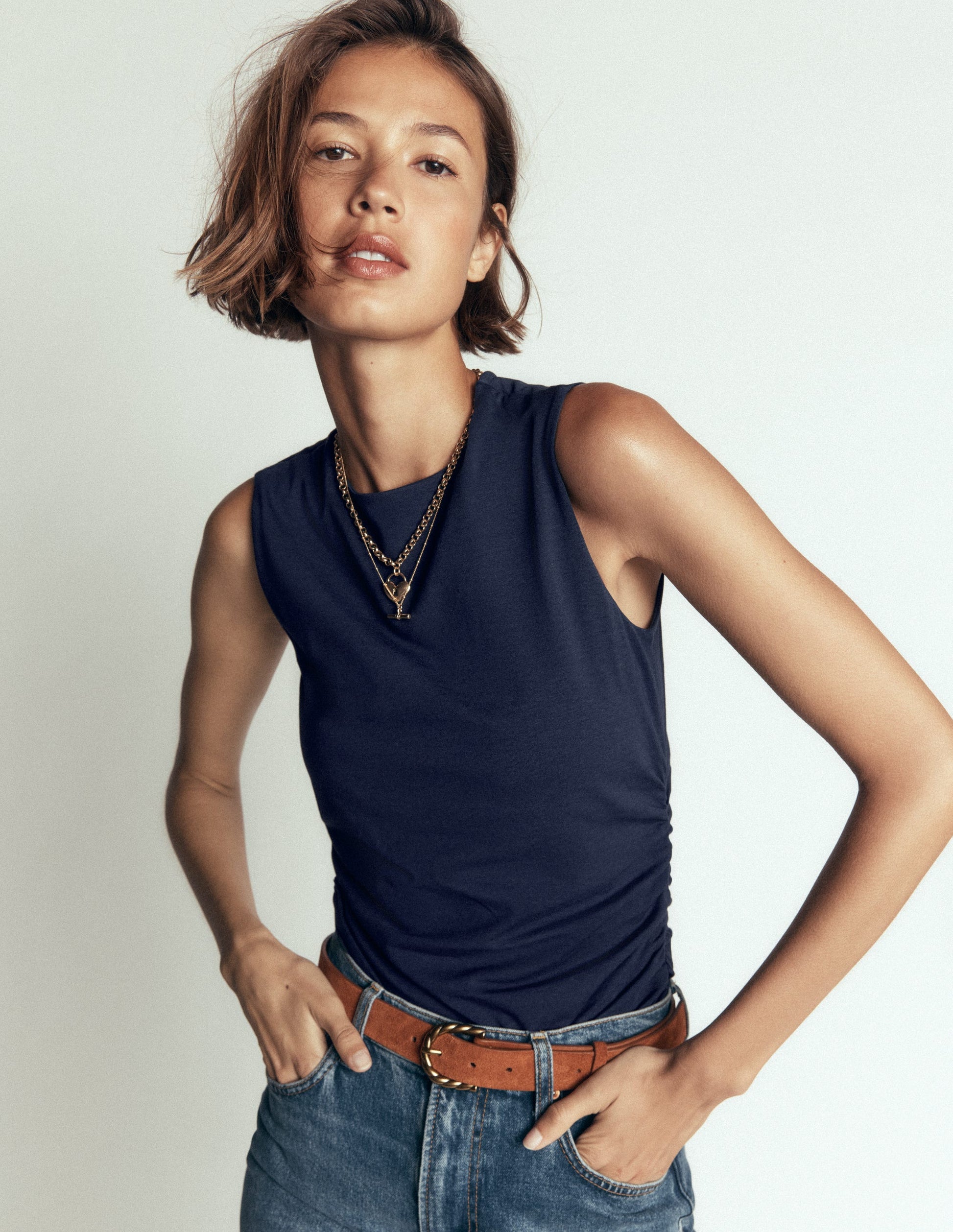 Tia Sleeveless Ruch Jersey Top-Navy-3