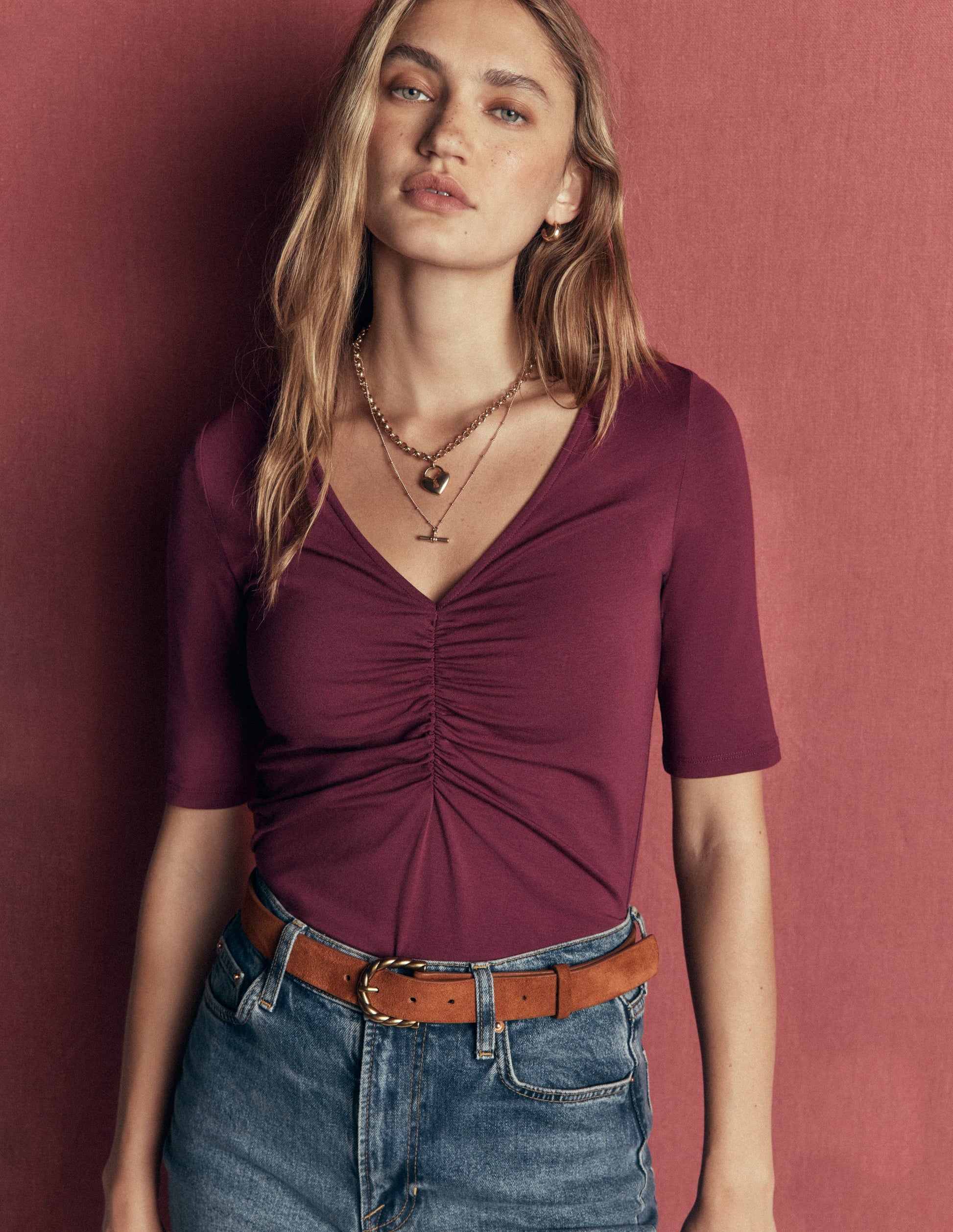 Tia Ruched V-neck Top-Deep Wisteria-1