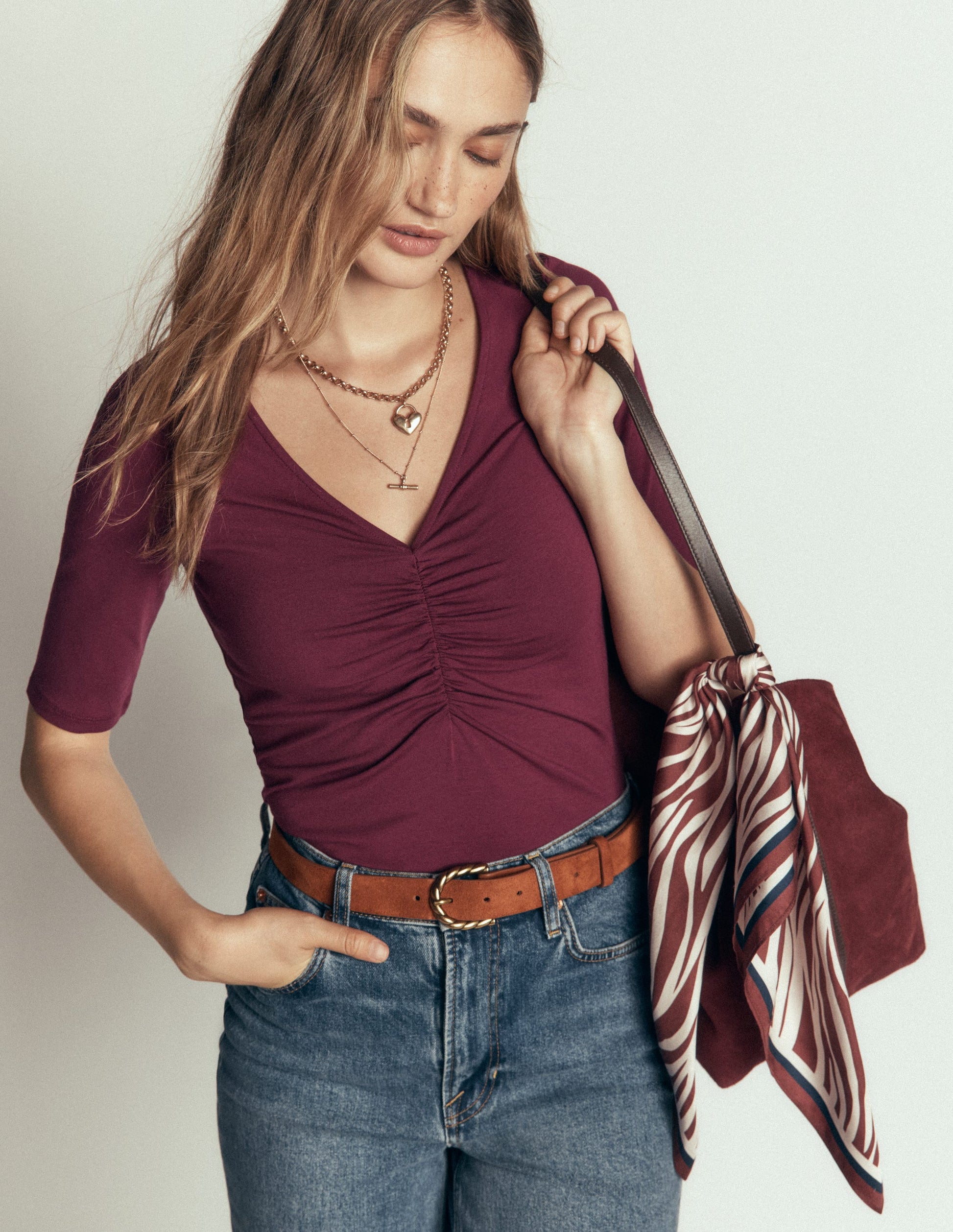 Tia Ruched V-neck Top-Deep Wisteria-5