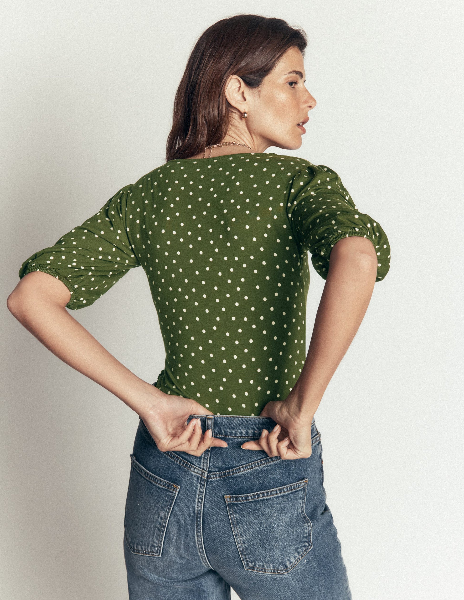 Tia Ruched Wrap Top-Brunswick Green, Painted Dot-3