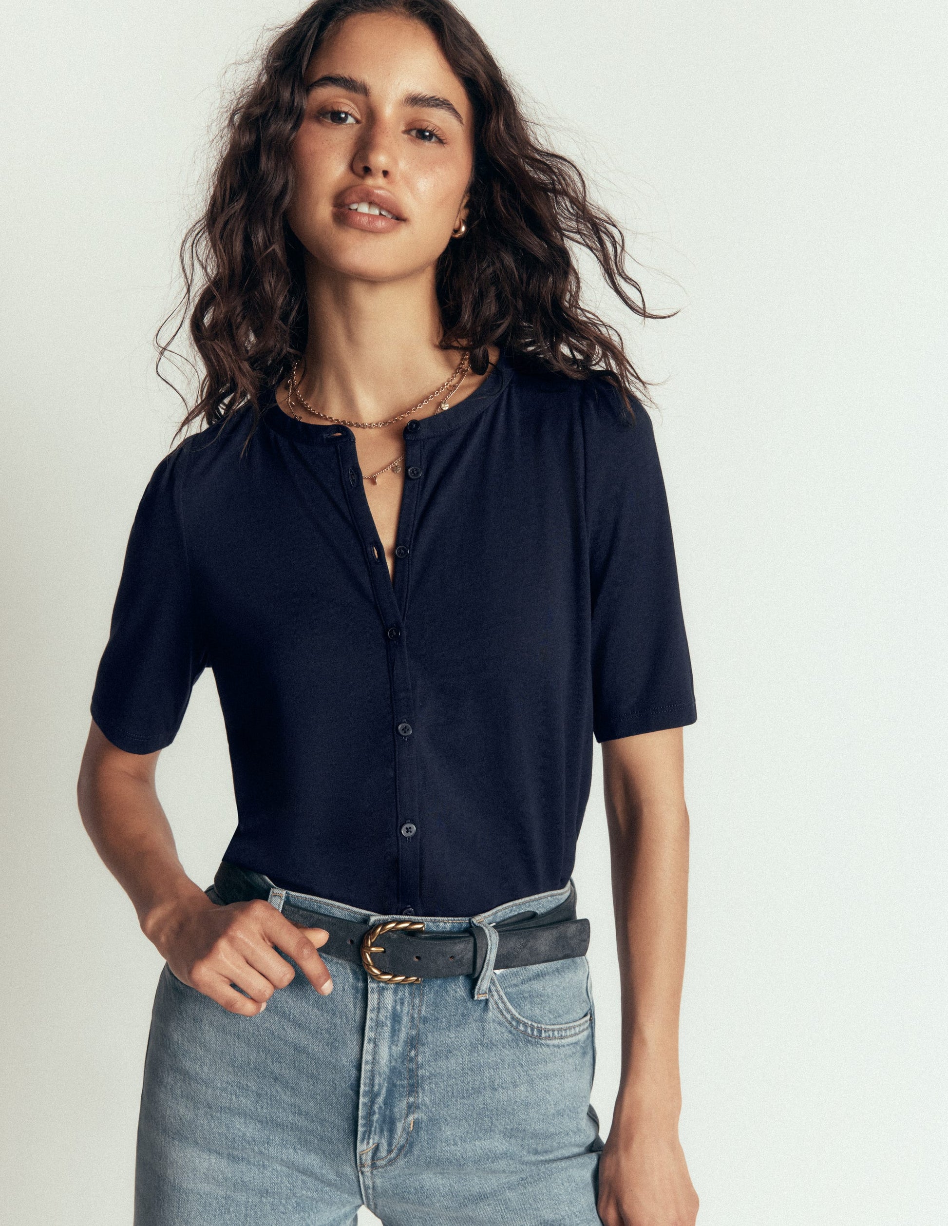 Short Puff Sleeve Top-Navy-1
