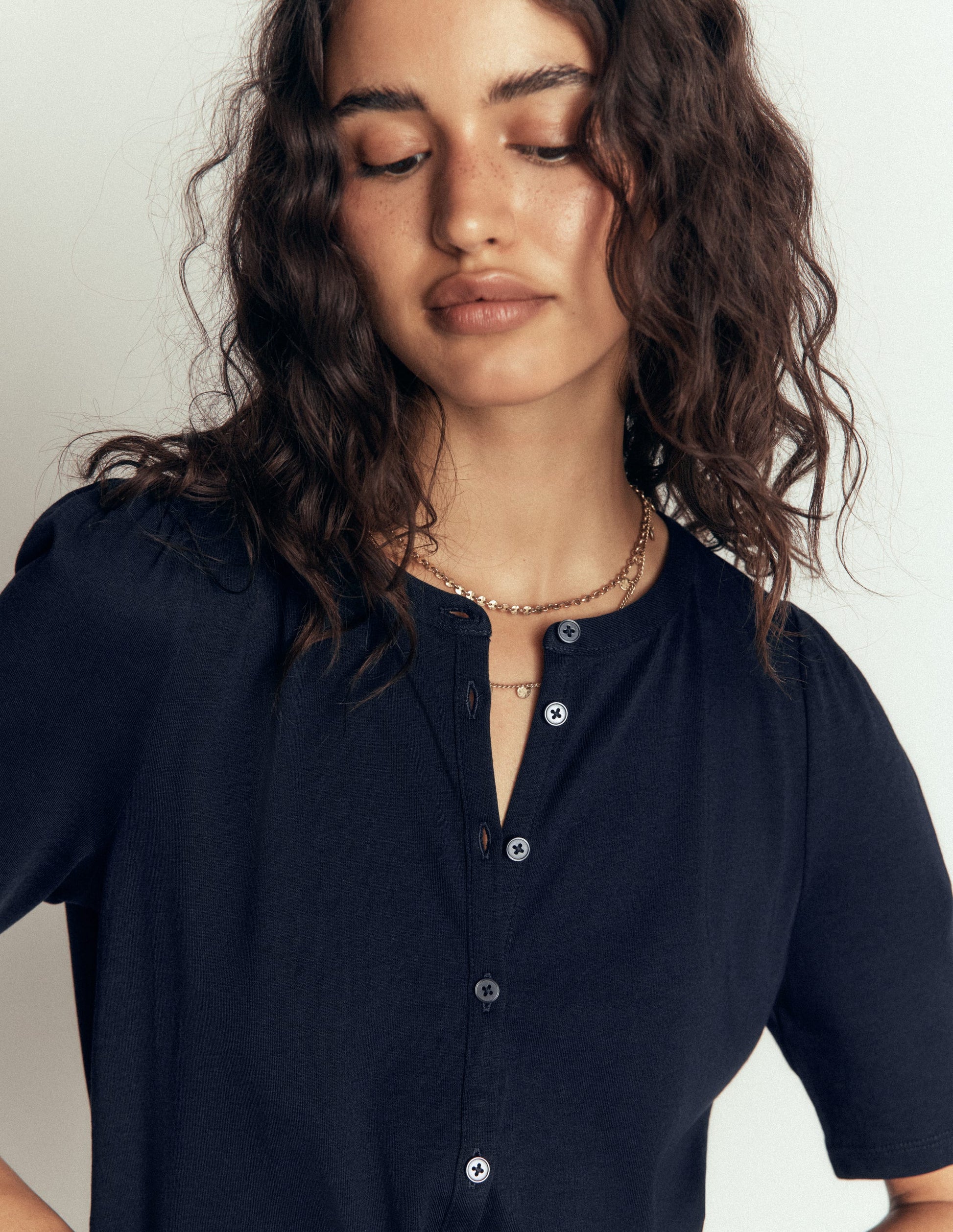 Short Puff Sleeve Top-Navy-5