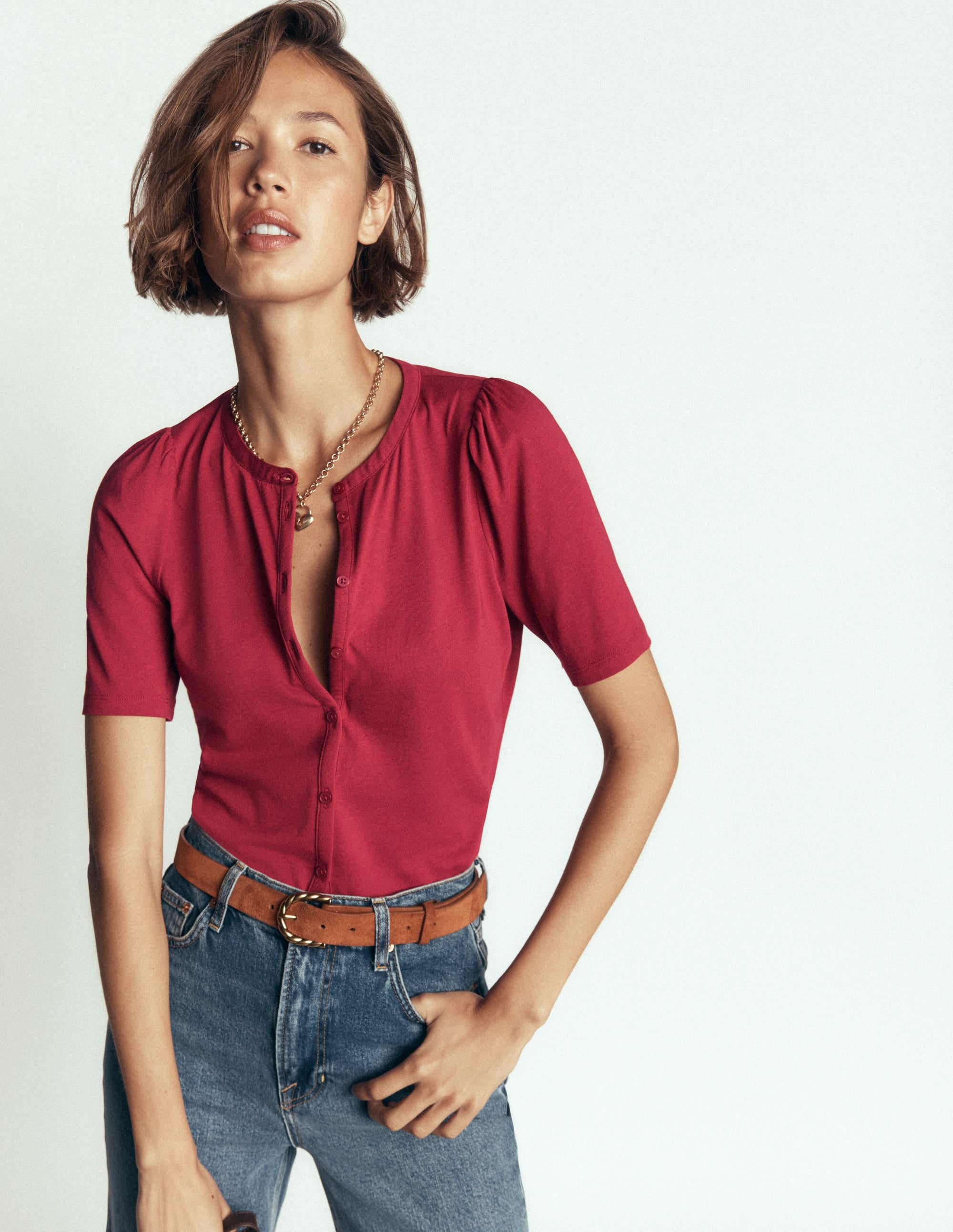 Short Puff Sleeve Top-Red Earth - Image 1