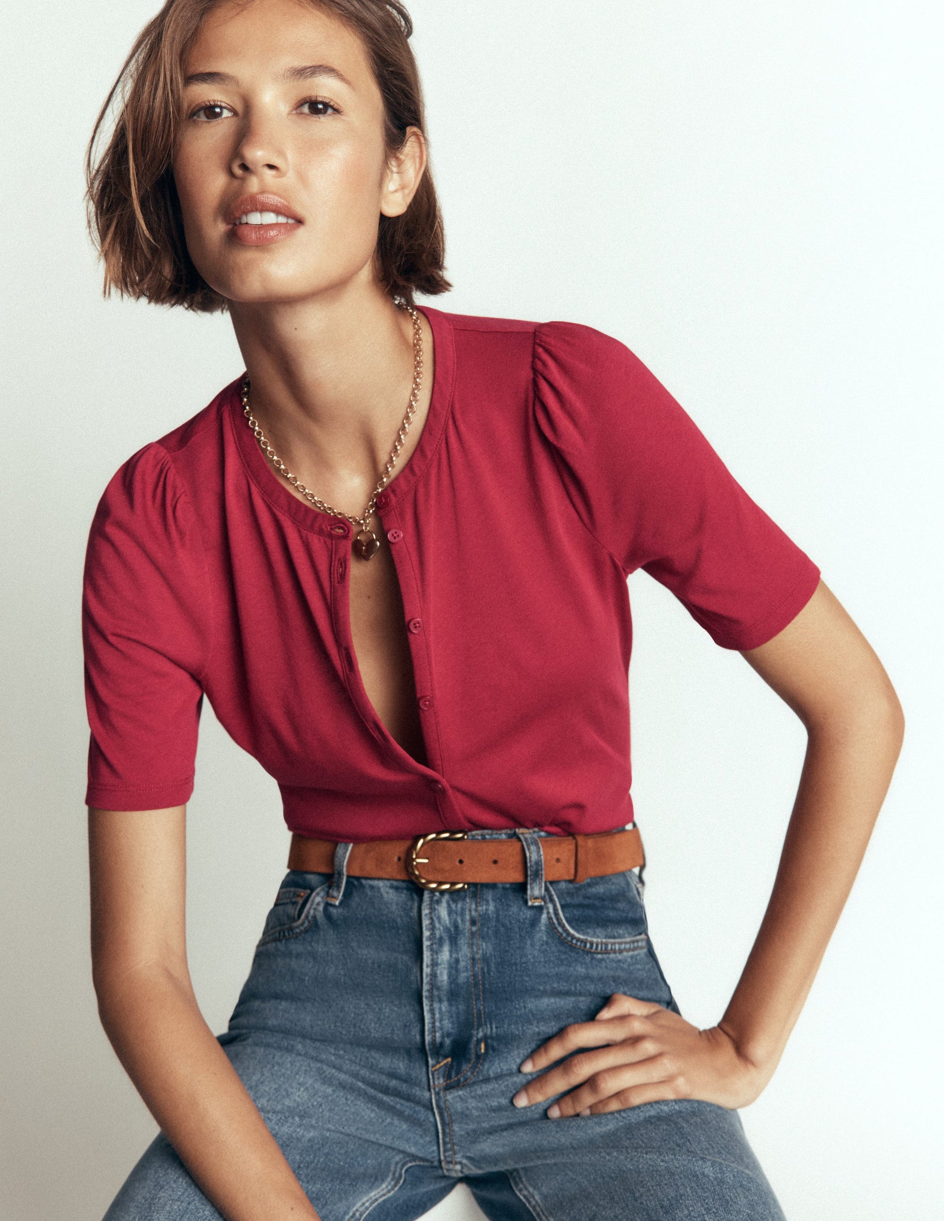 Short Puff Sleeve Top-Red Earth-4